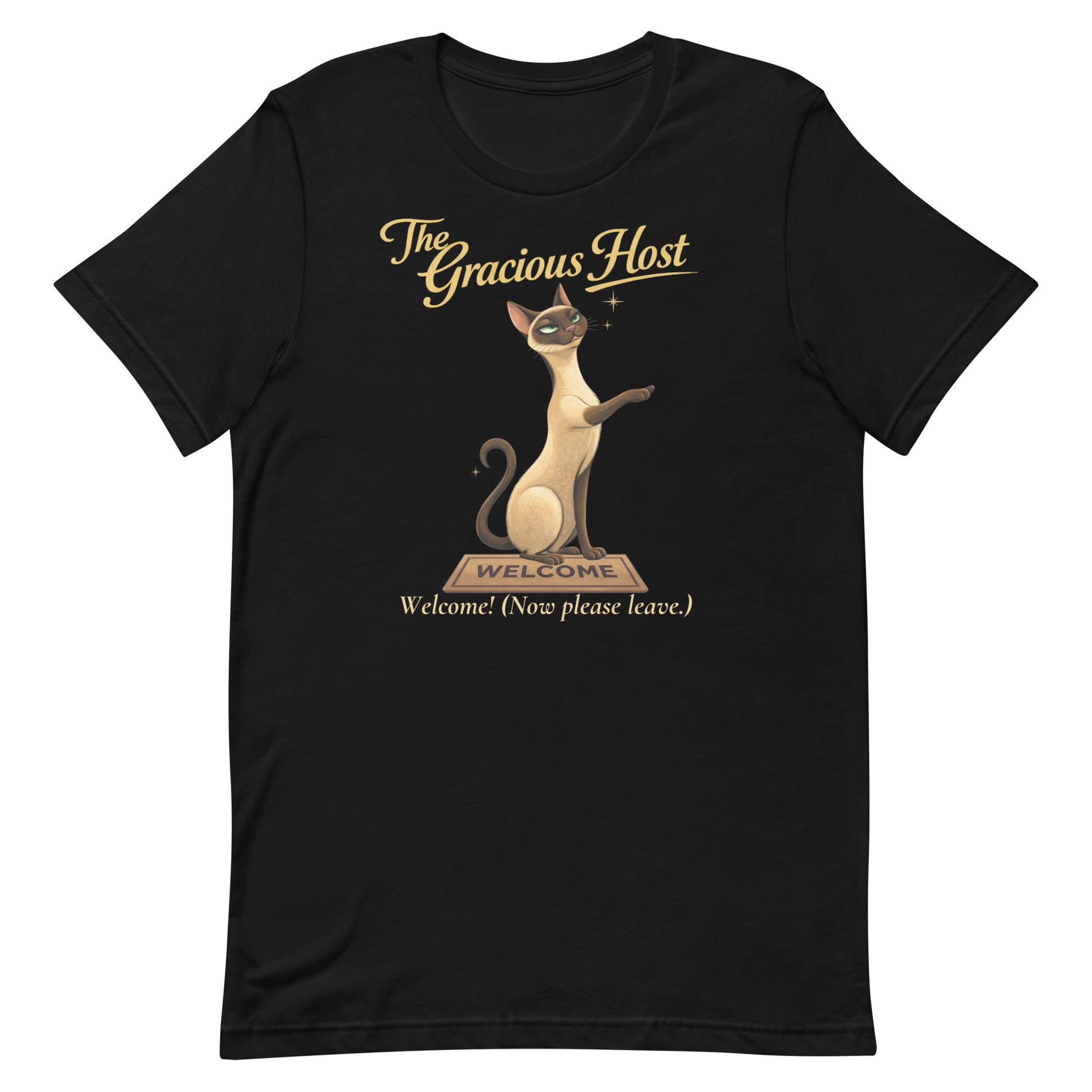 Product High-resolution overhead shot of a black Bella+Canvas 3001 t-shirt, showcasing "The Gracious Host" Siamese cat artwork centered on the chest.