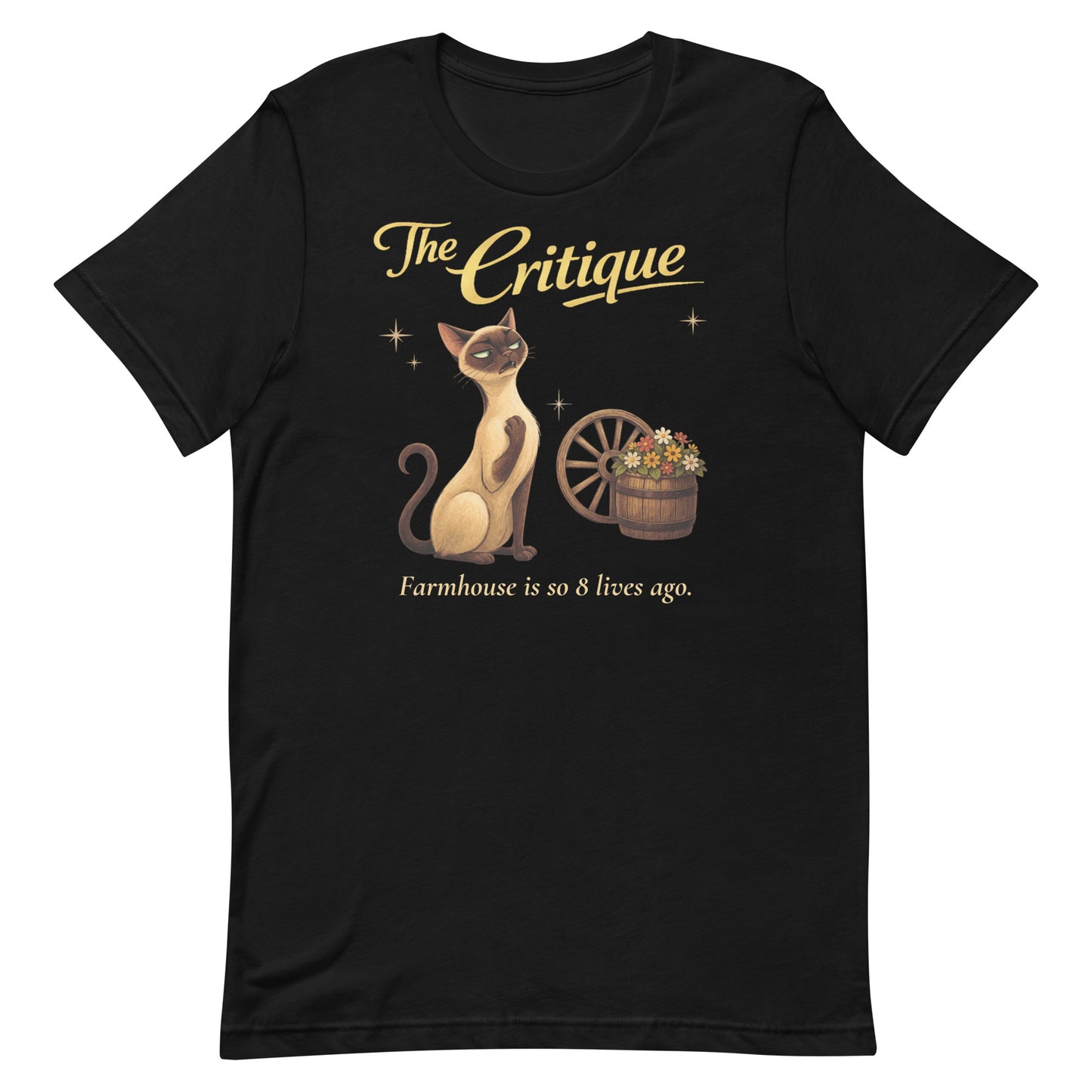 High-resolution overhead shot of a black Bella+Canvas 3001 t-shirt, showcasing "The Critique" Siamese cat artwork centered on the chest with professional, clean lines.