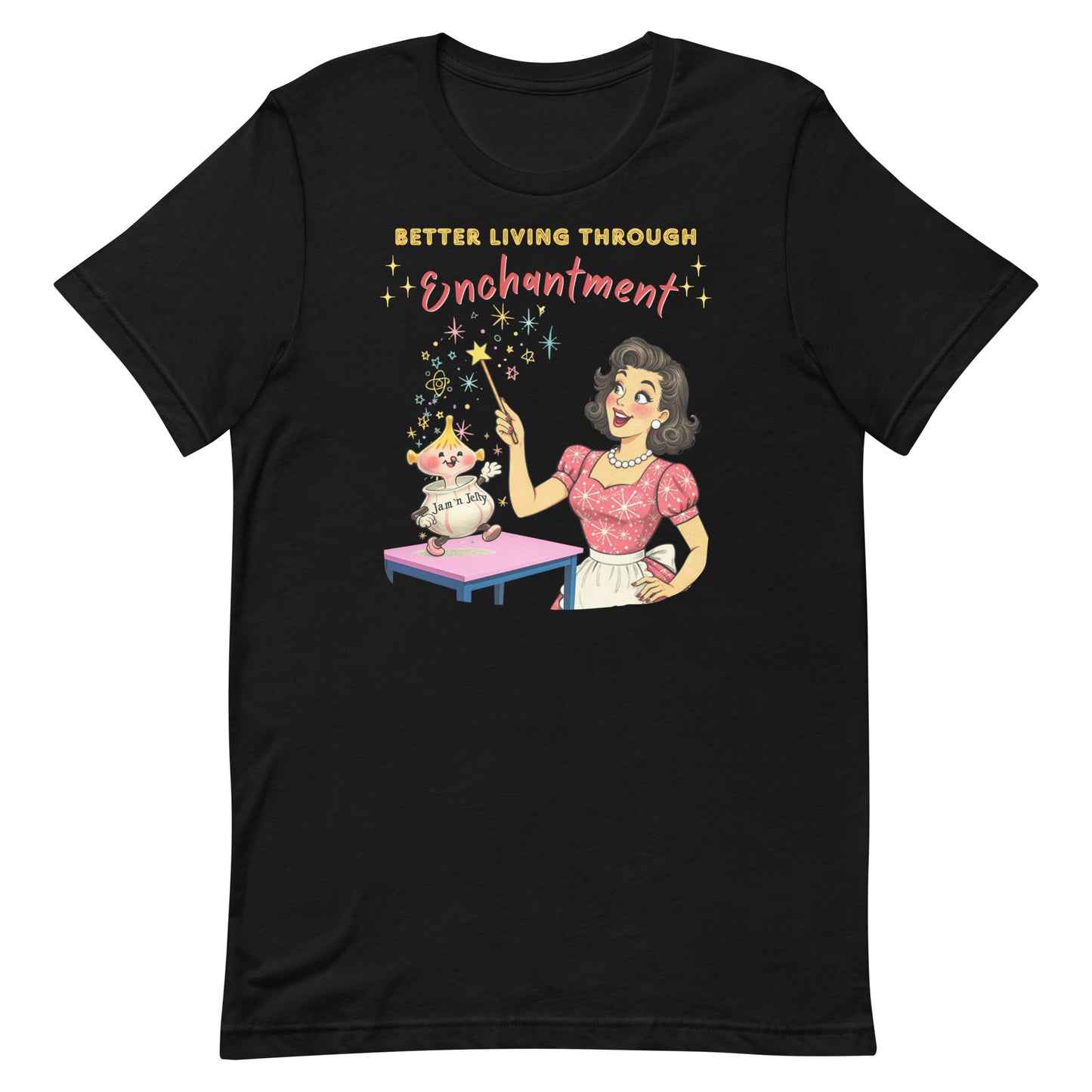 Distressed retro watercolor illustration of a 1950s housewife enchanting breakfast items on a black background.
