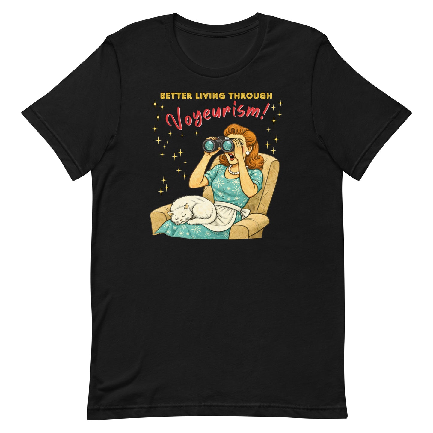 Retro watercolor illustration of a 1950s woman in a blue dress with binoculars and a white cat on her lap on a black t-shirt.