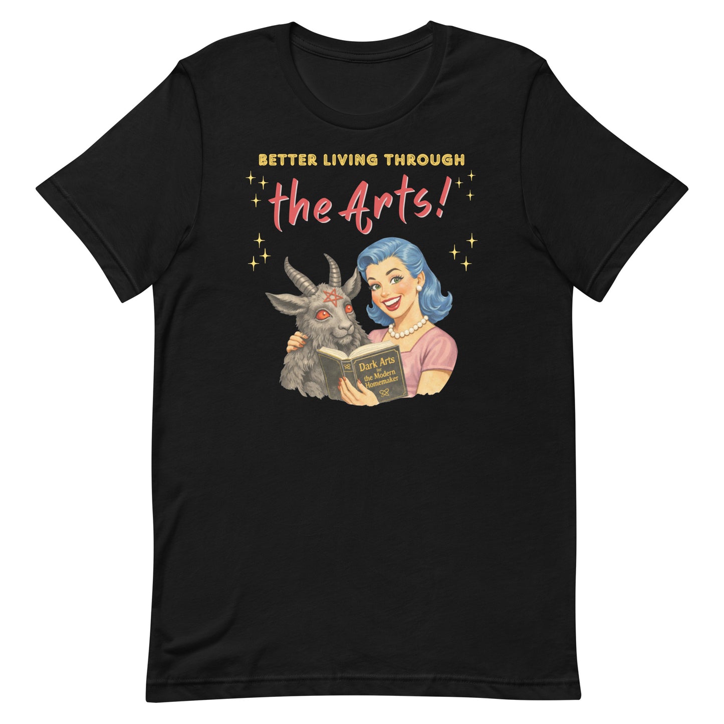 Retro watercolor illustration of a woman with blue hair and pearls reading a "Dark Arts" book next to a goat with a pentagram on its forehead on a black t-shirt.