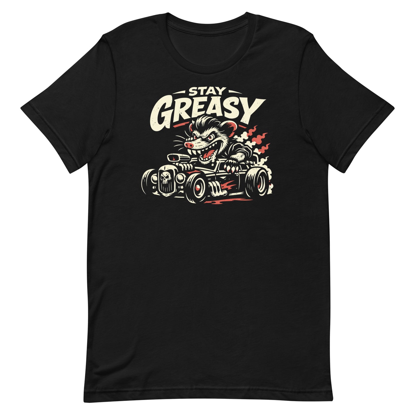 A black t-shirt featuring a distressed "Stay Greasy" rat rod graphic
