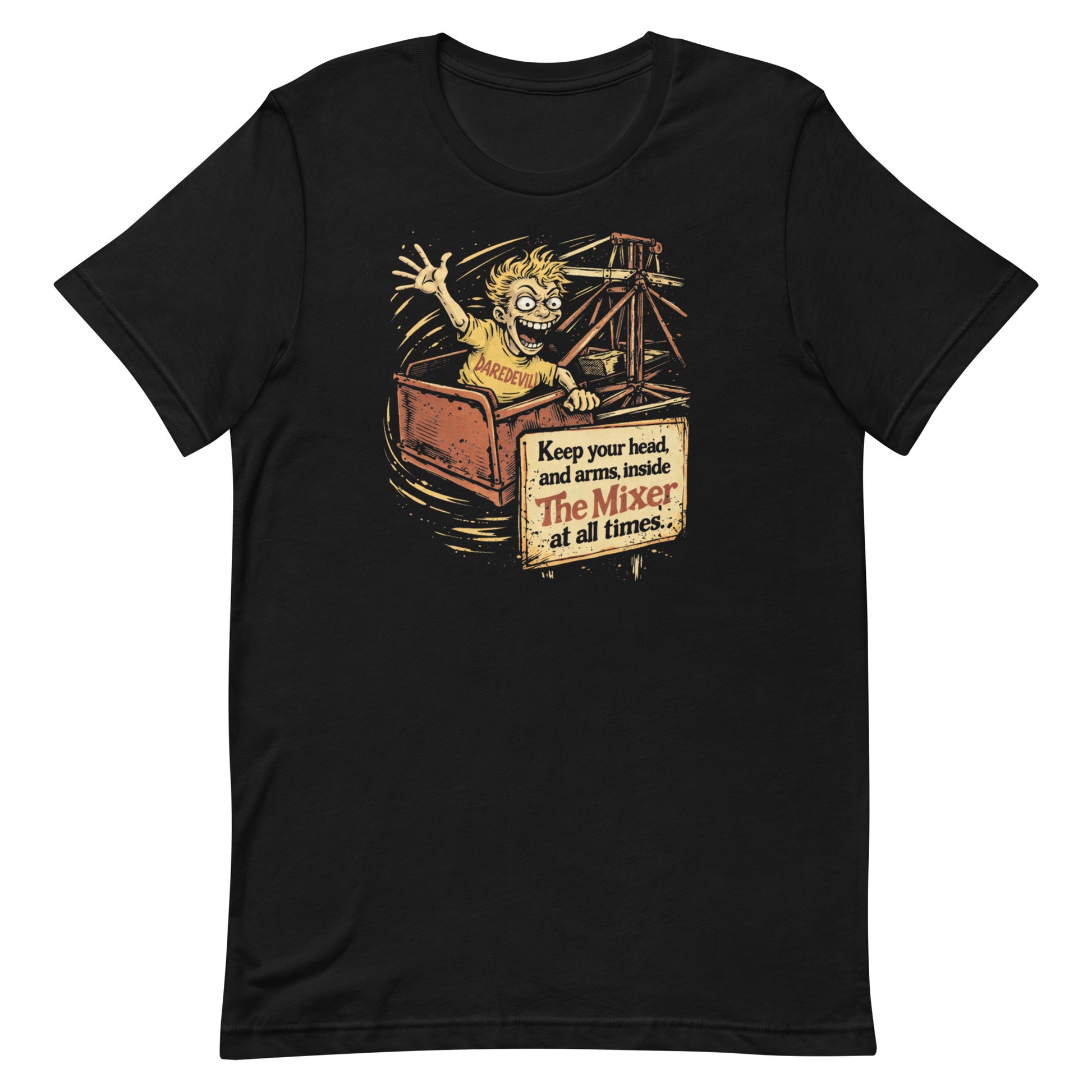 A black t-shirt featuring a distressed graphic of a manic-looking boy in a "DAREDEVIL" shirt on a carnival ride called "The Mixer," with a sign saying "Keep your head and arms inside."