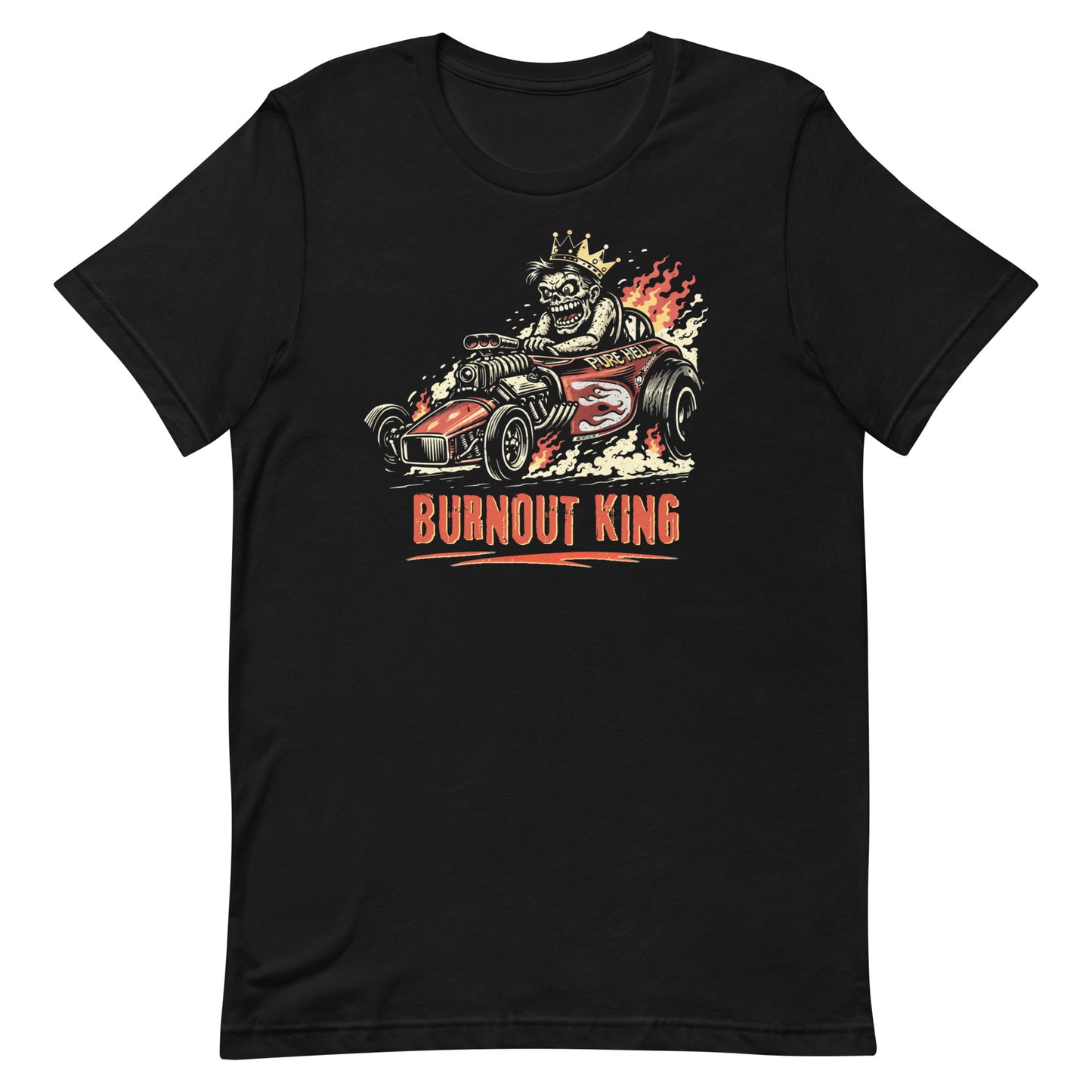 A black t-shirt featuring a vibrant, distressed "Burnout King" graphic with a skeleton zombie driving a flame-throwing dragster.