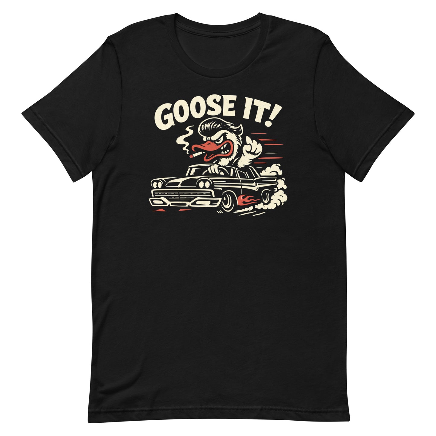 A top-down photograph of a black t-shirt featuring a distressed "Goose It!" graphic of a greaser goose driving a flaming hot rod.