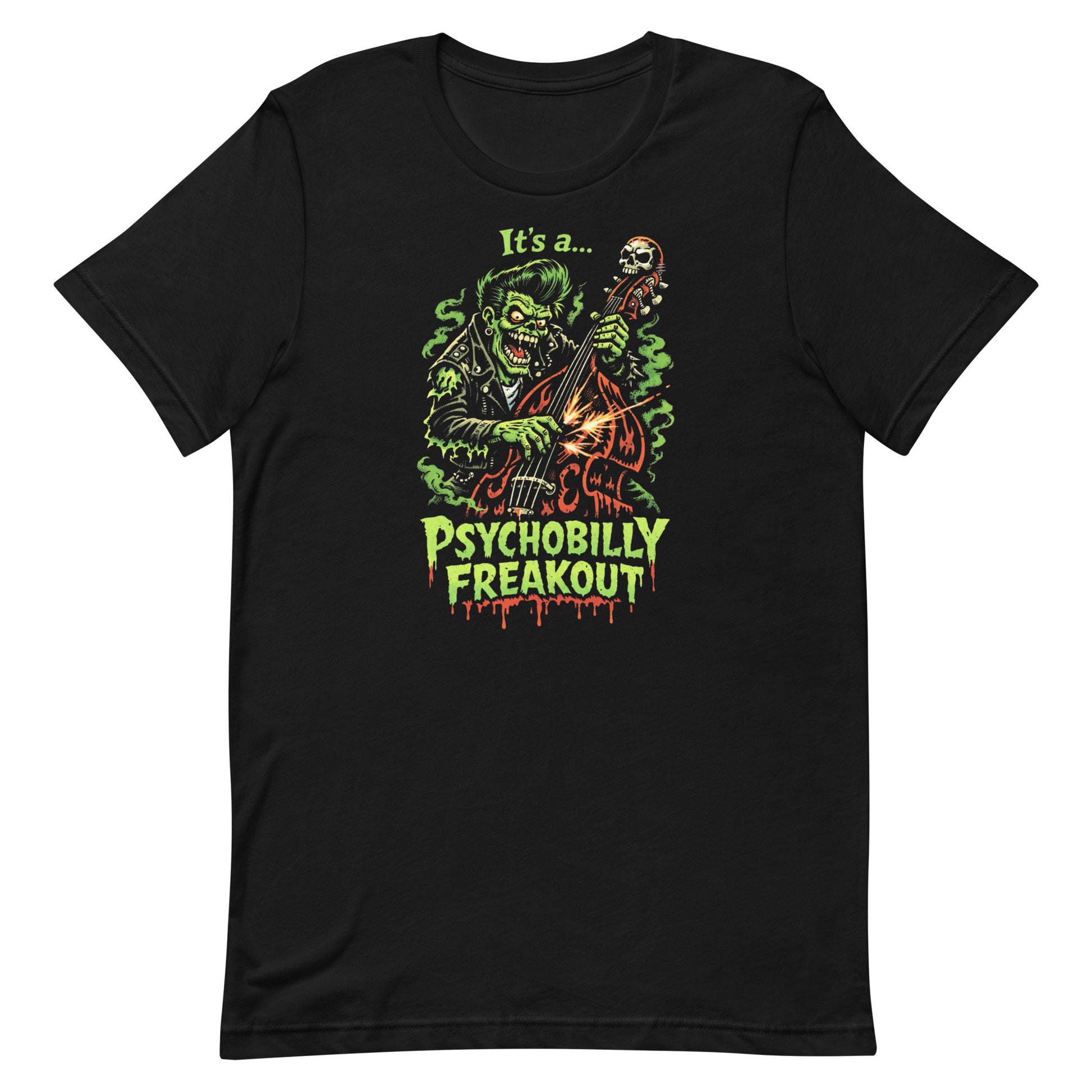 A black t-shirt featuring a vibrant neon green and orange "Psychobilly Freakout" graphic of a zombie playing an upright bass with sparks flying off the strings.