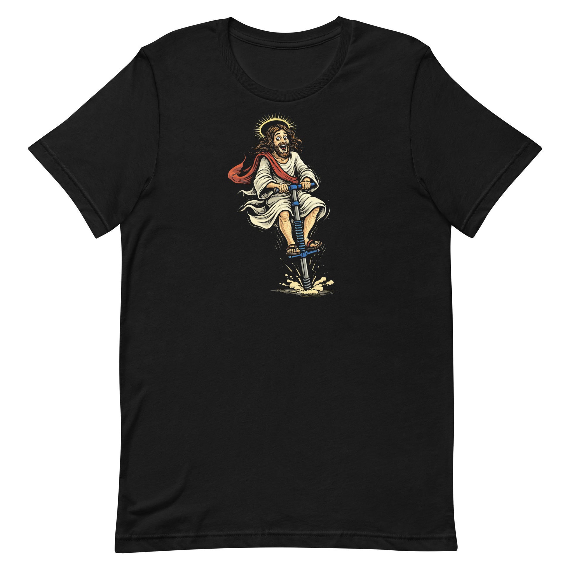 A top-down photograph of a black t-shirt featuring a distressed graphic of Jesus Christ on a pogo stick with a halo and stars.