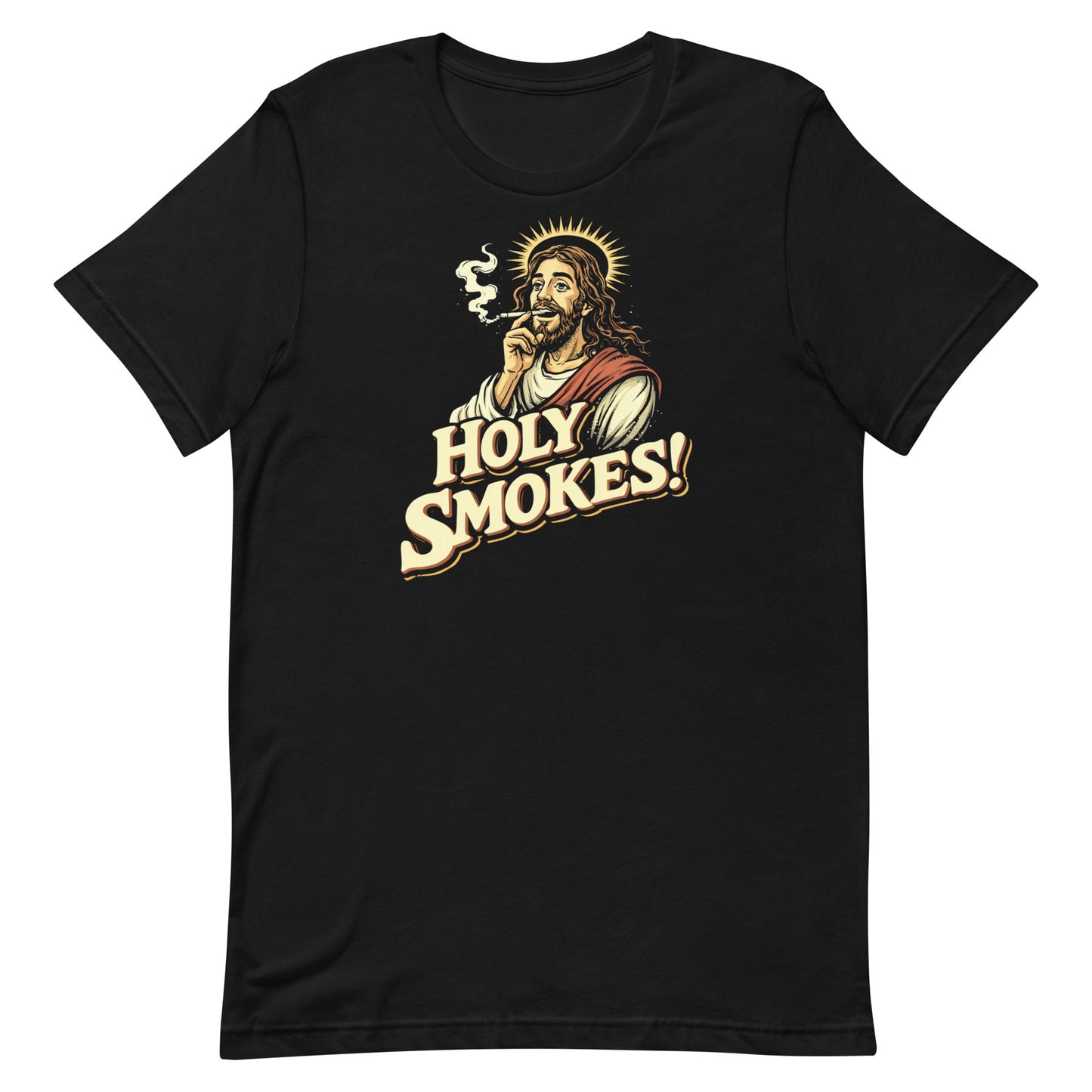 A top-down photograph of a black t-shirt with a distressed graphic of a haloed Jesus smoking a cigarette above the text "HOLY SMOKES!"