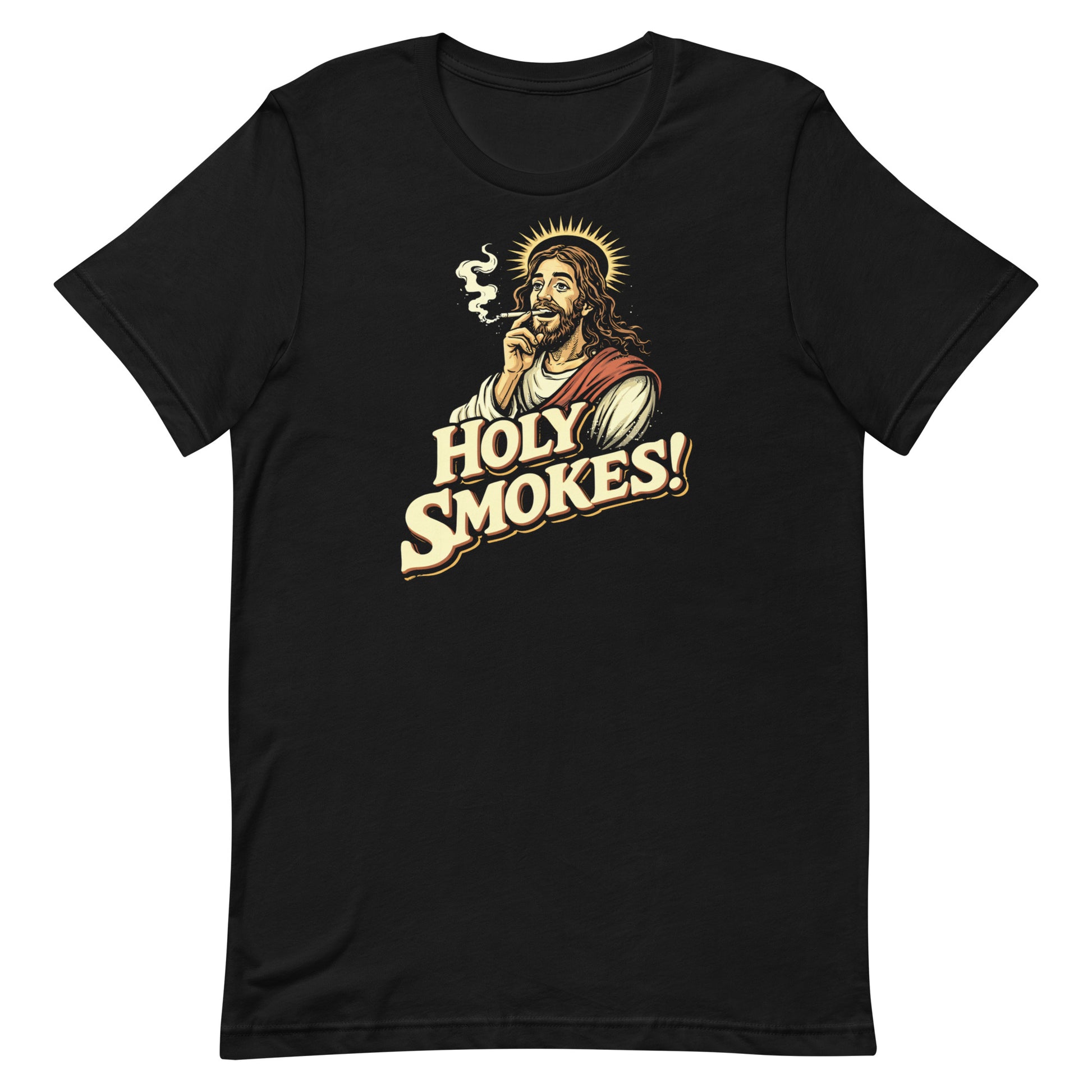 A top-down photograph of a black t-shirt with a distressed graphic of a haloed Jesus smoking a cigarette above the text "HOLY SMOKES!"