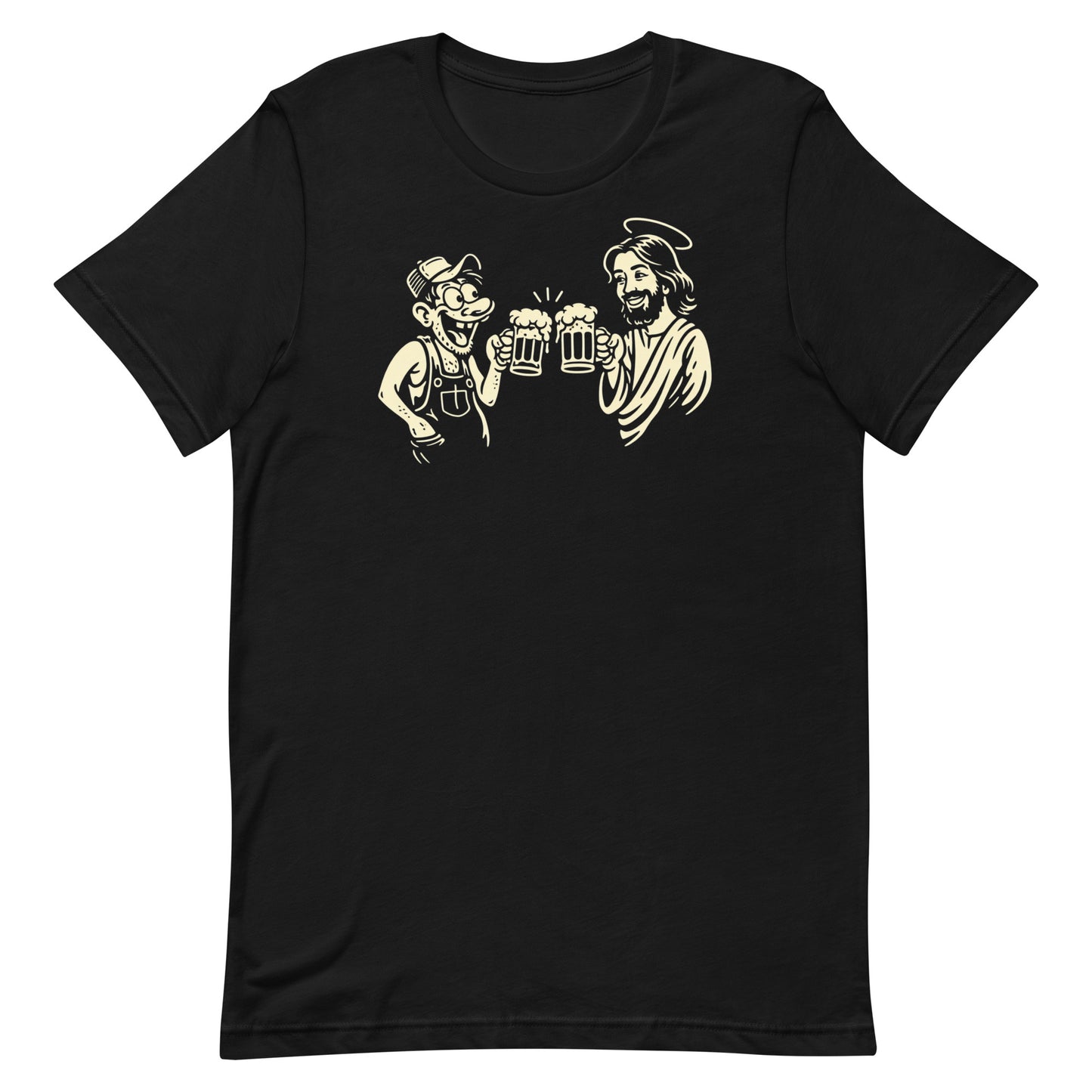 A top-down photograph of a black t-shirt featuring a cream-colored cartoon graphic of a man in overalls clinking beer mugs with Jesus Christ.