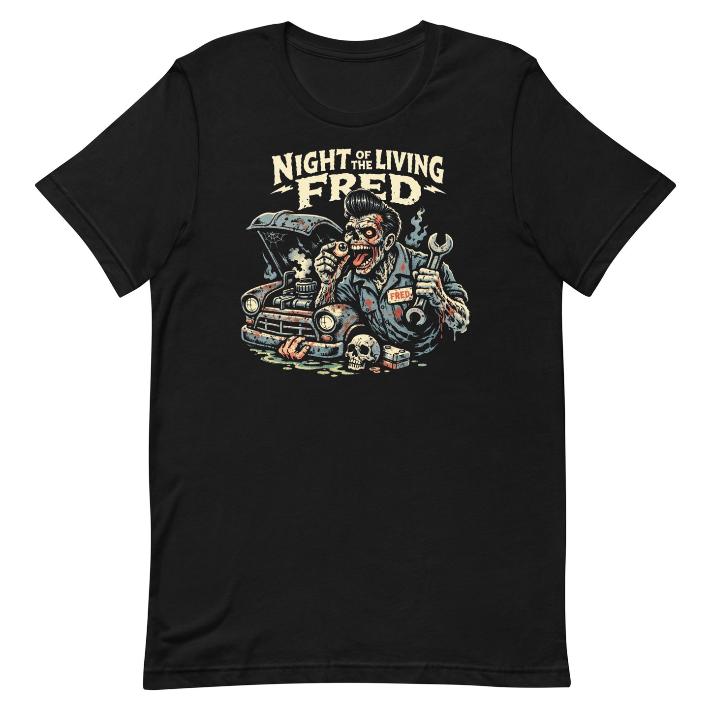 Night of the Living Fred Zombie Mechanic on a Black Tee