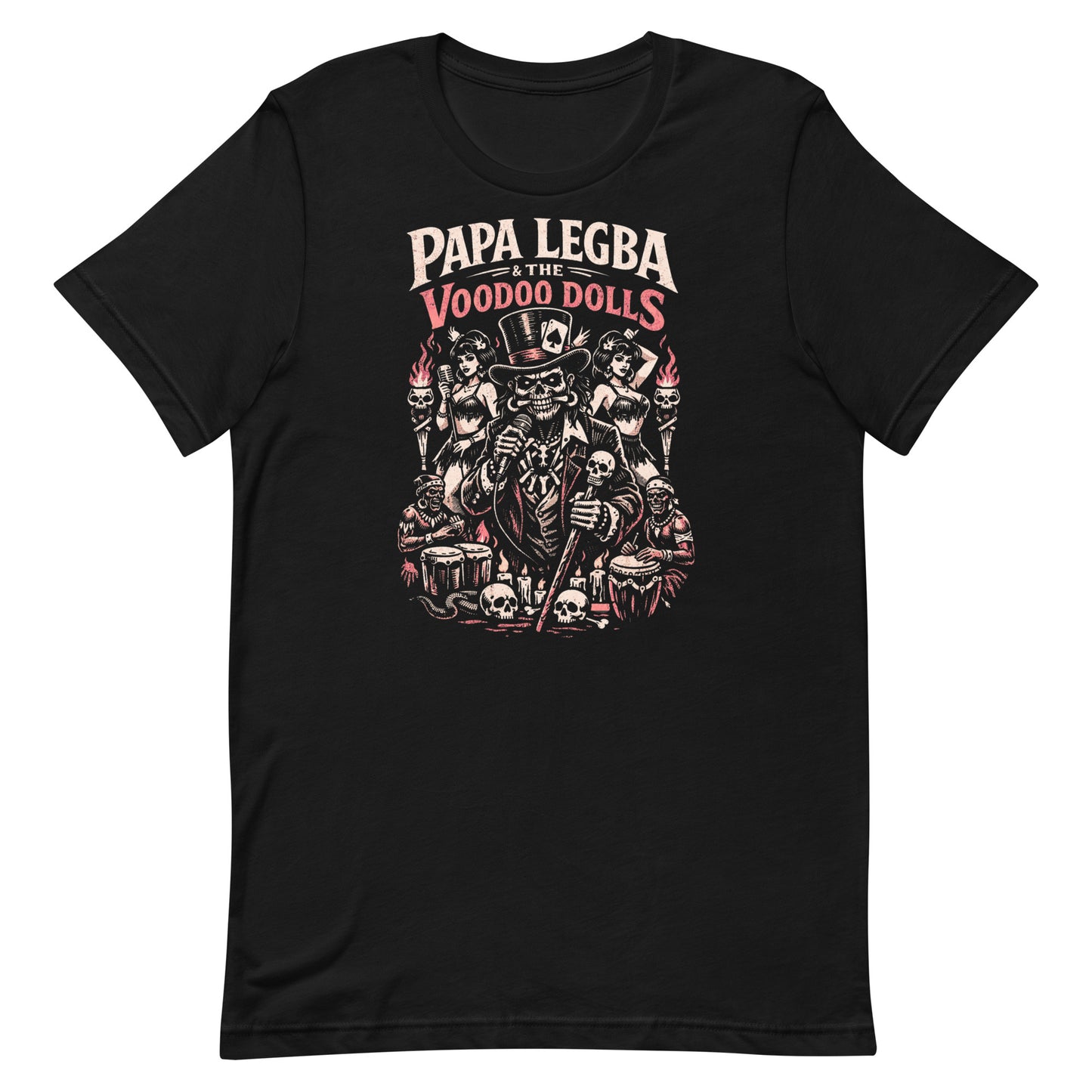 A detailed stippled illustration on a premium Bella+Canvas 3001 t-shirt. The design, rendered in distressed red and cream, features 'Papa Legba & The Voodoo Dolls' in retro typography above a dapper skeleton with a top hat. Below are three backup singers and two skeleton drummers surrounded by voodoo icons and lit candles, all set against a solid dark field.