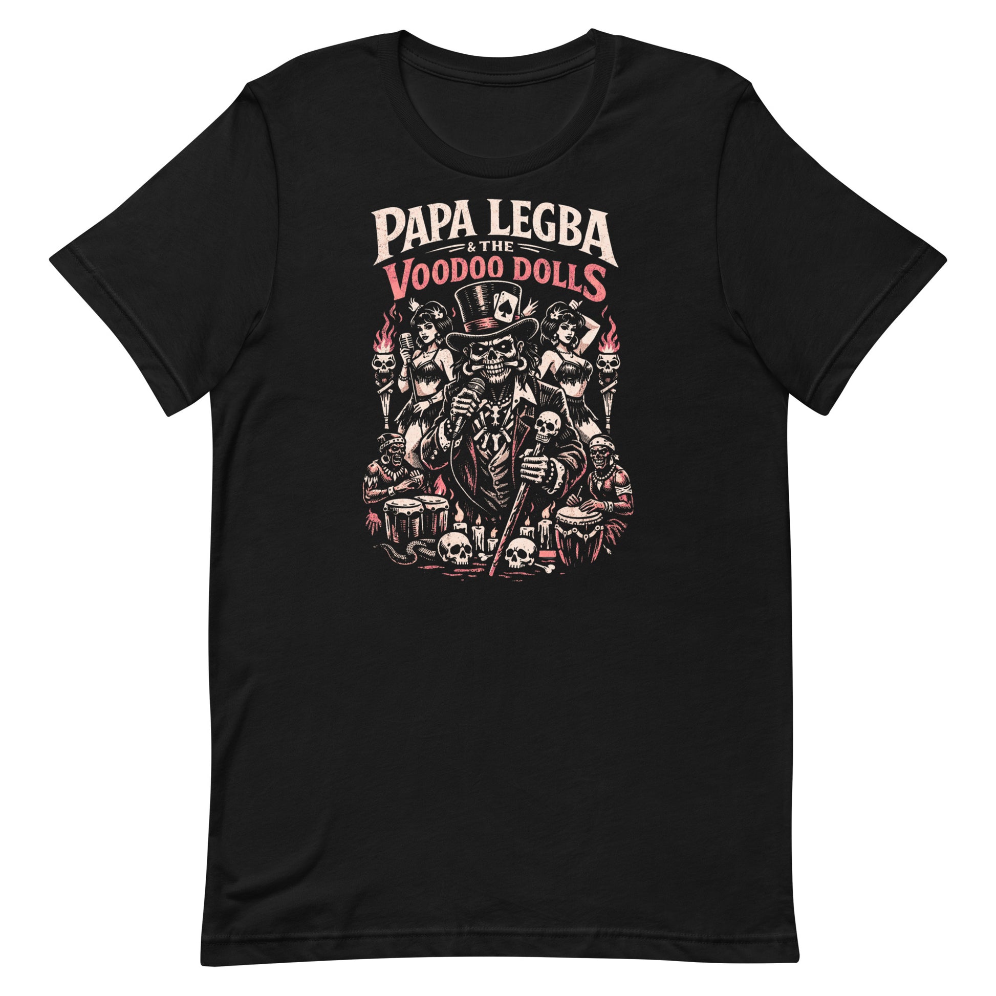 A detailed stippled illustration on a premium Bella+Canvas 3001 t-shirt. The design, rendered in distressed red and cream, features 'Papa Legba & The Voodoo Dolls' in retro typography above a dapper skeleton with a top hat. Below are three backup singers and two skeleton drummers surrounded by voodoo icons and lit candles, all set against a solid dark field.