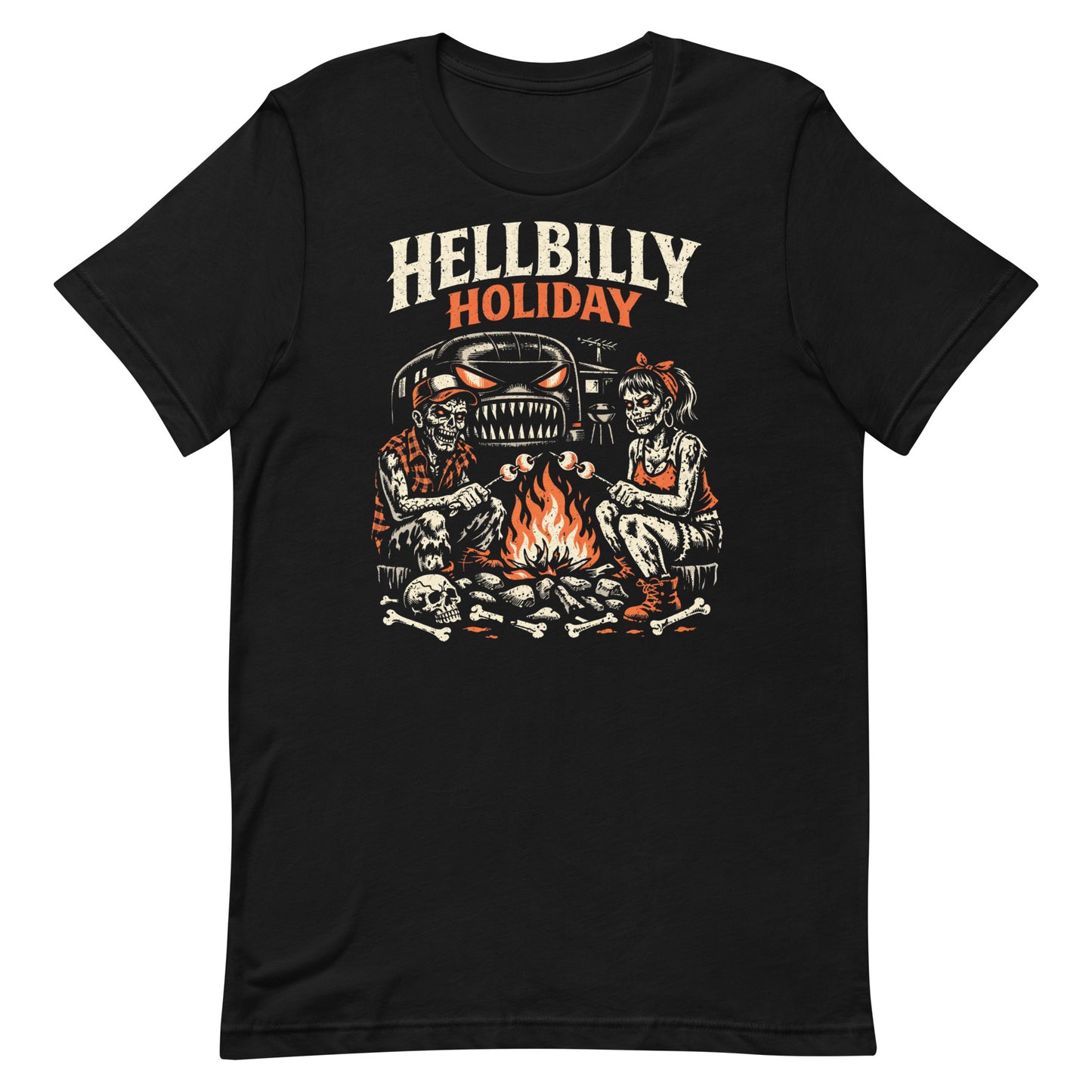 A high-contrast lowbrow illustration titled 'Hellbilly Holiday'. Two zombies—a man in a trucker hat and a woman with a red bandana—roast marshmallows over a campfire made of skulls and bones. A monster-faced trailer with glowing eyes and sharp teeth looms in the background. Distressed cream and orange ink on a black background.