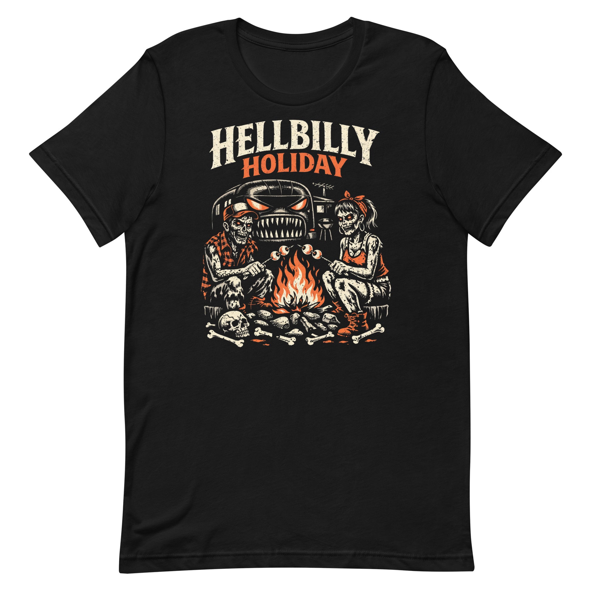 A high-contrast lowbrow illustration titled 'Hellbilly Holiday'. Two zombies—a man in a trucker hat and a woman with a red bandana—roast marshmallows over a campfire made of skulls and bones. A monster-faced trailer with glowing eyes and sharp teeth looms in the background. Distressed cream and orange ink on a black background.