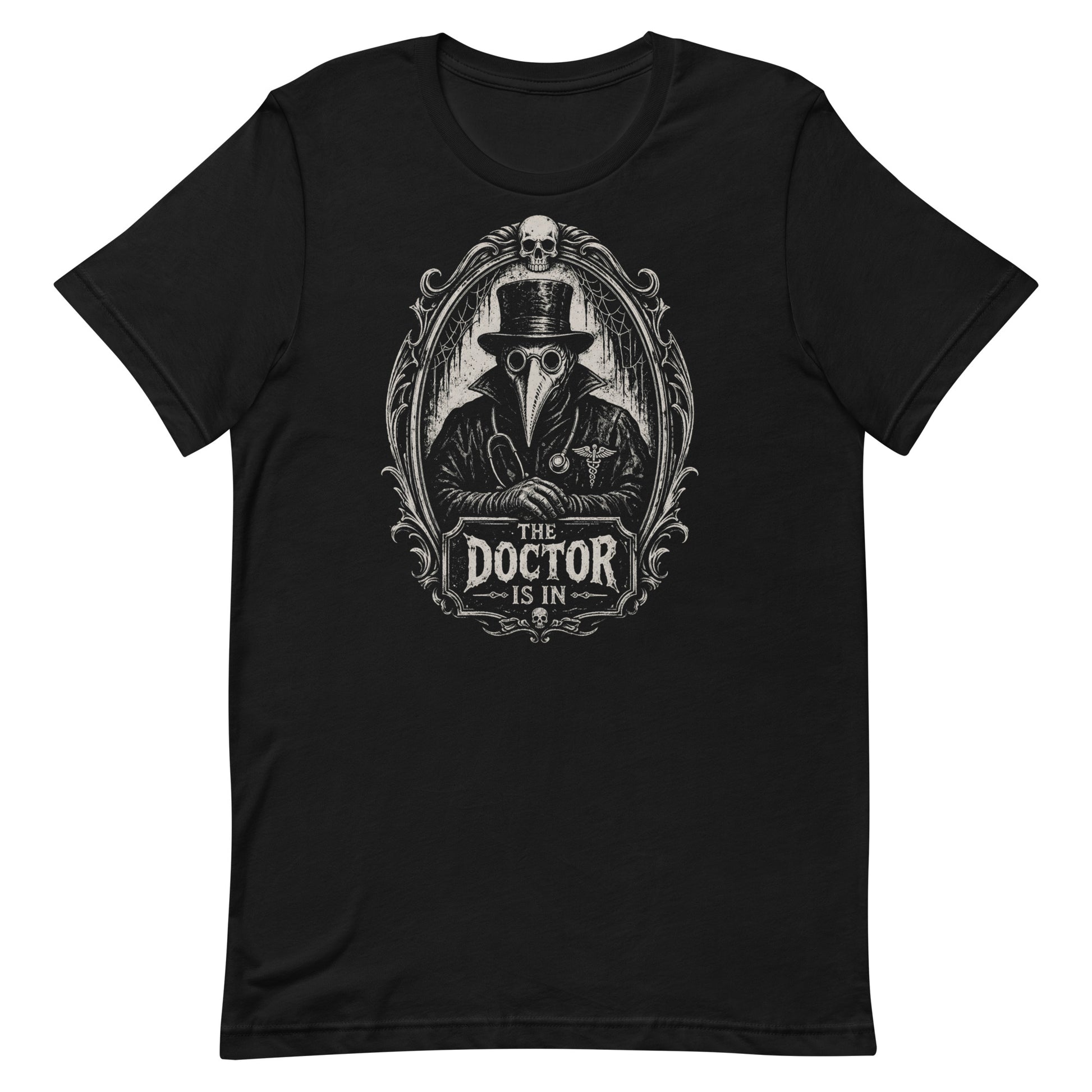 A professional flat lay photograph of the 'The Doctor Is In' plague doctor black t-shirt design, centered on a plain, seamless white studio background.