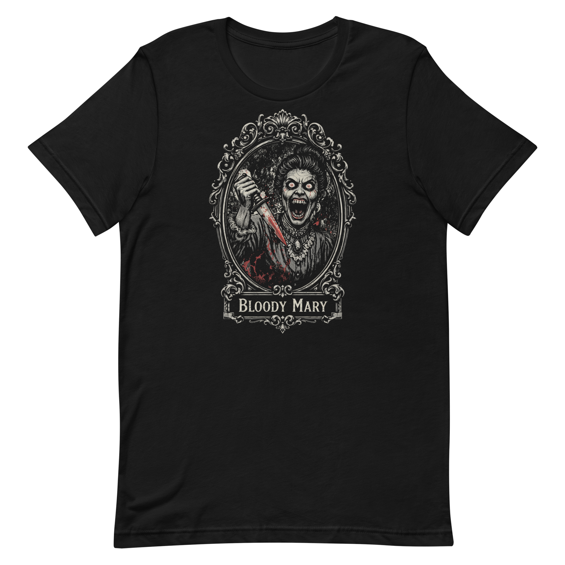 A professional flat lay photograph of the 'Bloody Mary' black t-shirt design, centered on a plain, seamless white studio background.