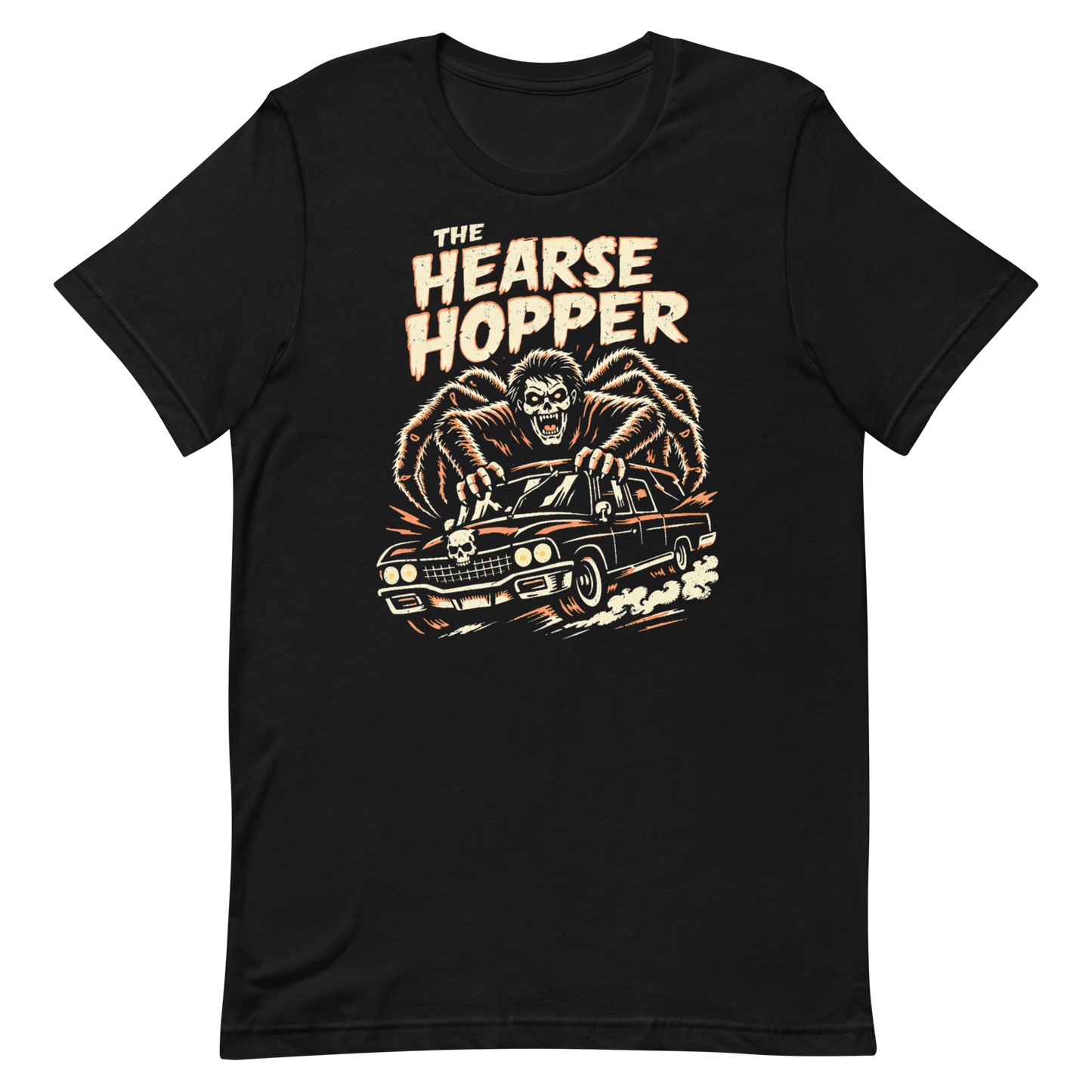 Top-down flat lay of a black Bella Canvas 3001 t-shirt with 'The Hearse Hopper' design with a spider human hybrid beast hitching a ride on a Cadillac Hearse from hell.