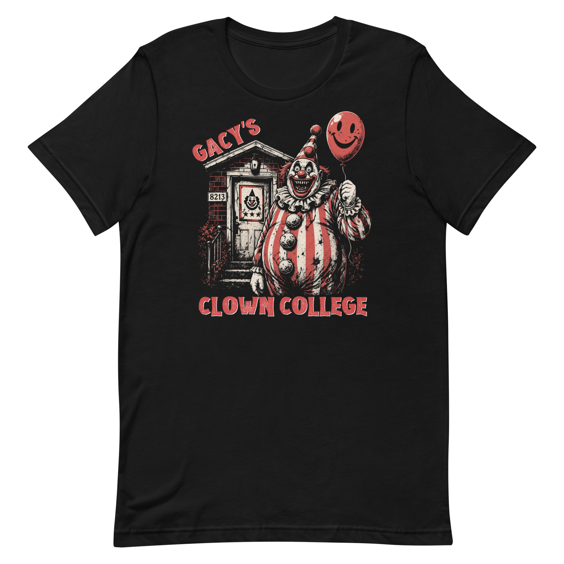 Top-down flat lay of a black Bella Canvas 3001 t-shirt with the 'Gacy's Clown College' creepy clown design featuring an artistic rendering of Pogo the Killer Clown with a jagged toothed grin and a smiley face balloon.