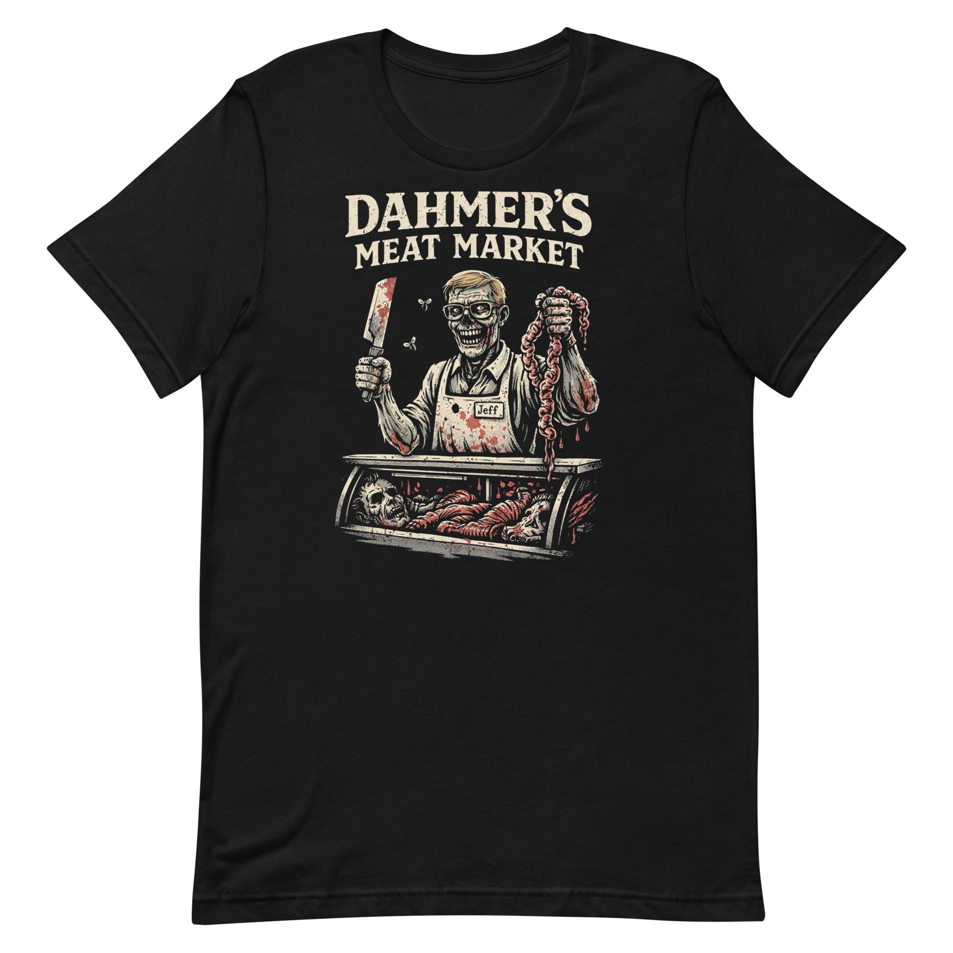 Top-down flat lay of a black Bella Canvas 3001 t-shirt with the 'Dahmer's Meat Market' zombie butcher design with owner, Jeff, holding a bloody cleaver and a fistful of intestines.