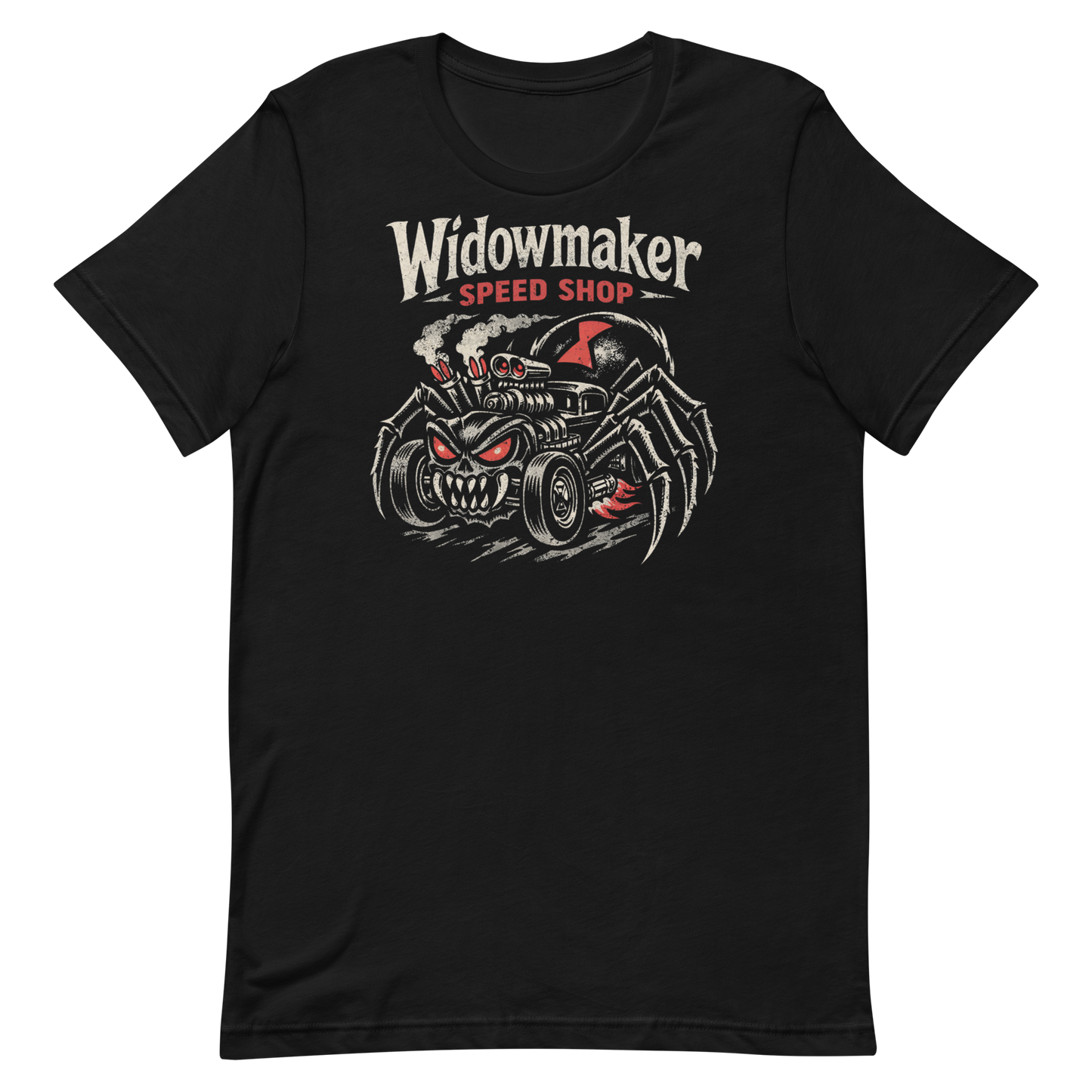 Top-down flat lay of a black Bella Canvas 3001 t-shirt with the 'Widowmaker Speed Shop' spider-themed rat rod design.