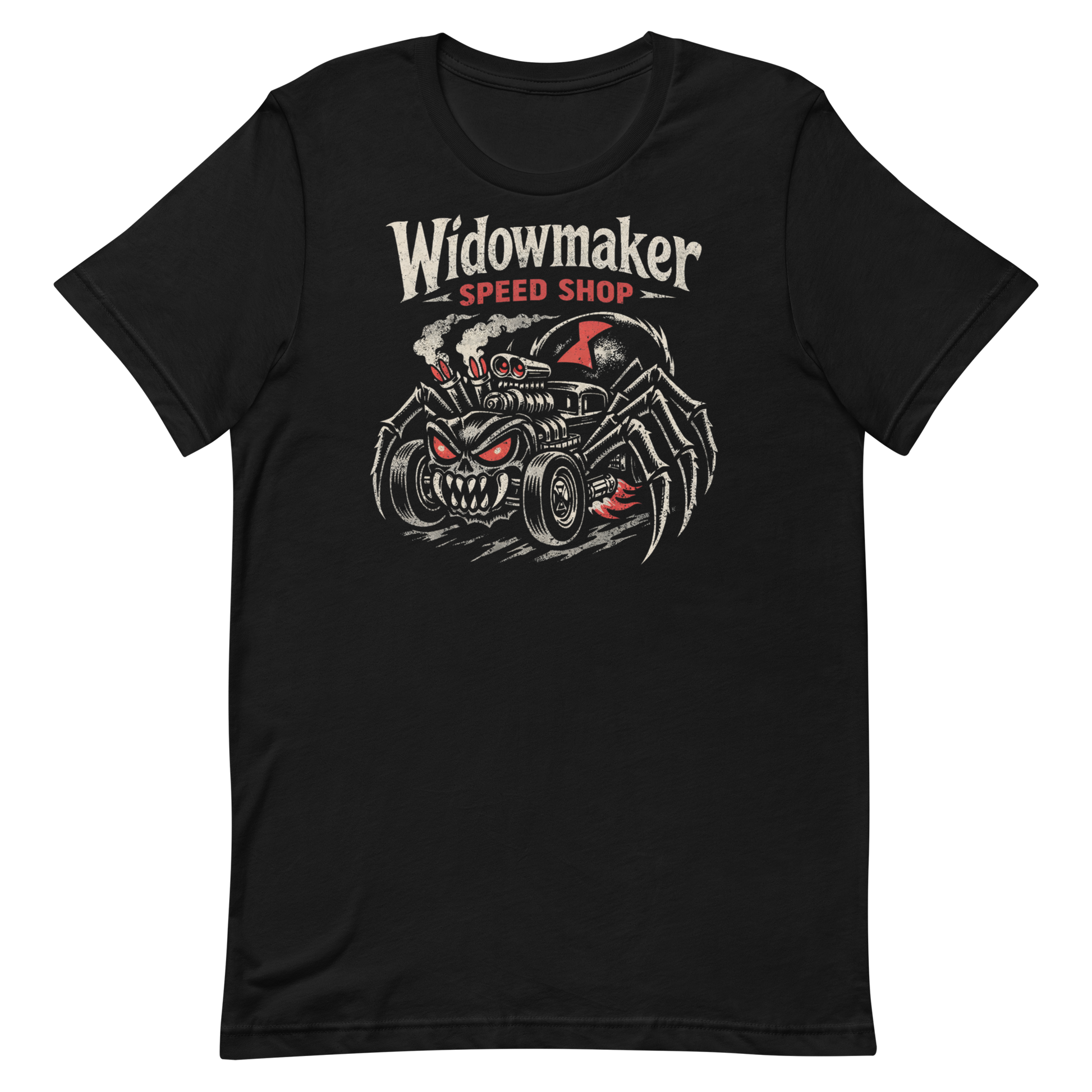 Top-down flat lay of a black Bella Canvas 3001 t-shirt with the 'Widowmaker Speed Shop' spider-themed rat rod design.