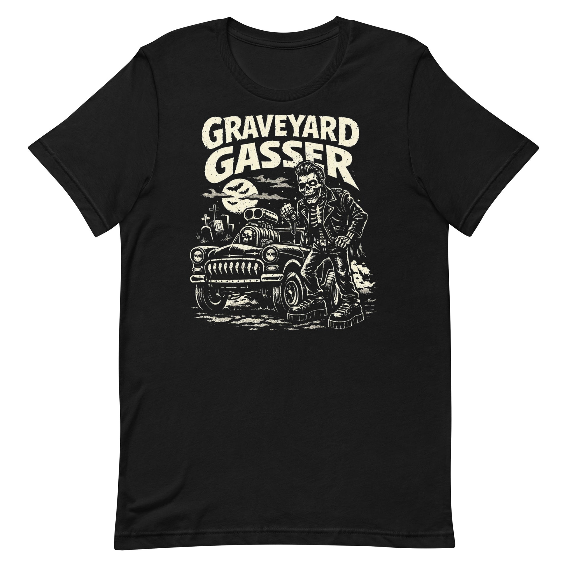 Top-down flat lay of a black Bella Canvas 3001 t-shirt with the 'Graveyard Gasser' skeleton mechanic design.