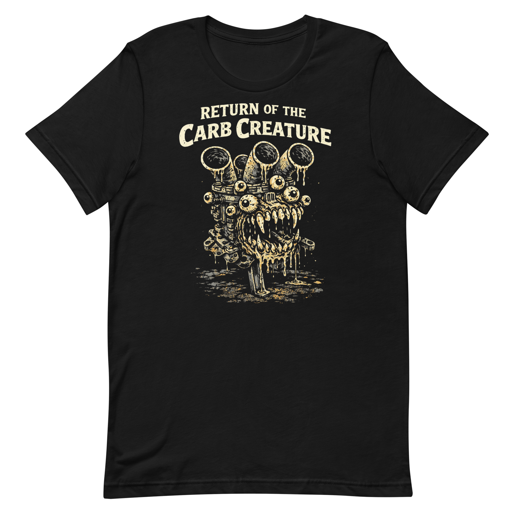 Top-down flat lay of a black Bella Canvas 3001 t-shirt with the 'Return of the Carb Creature' many-eyed engine monster.