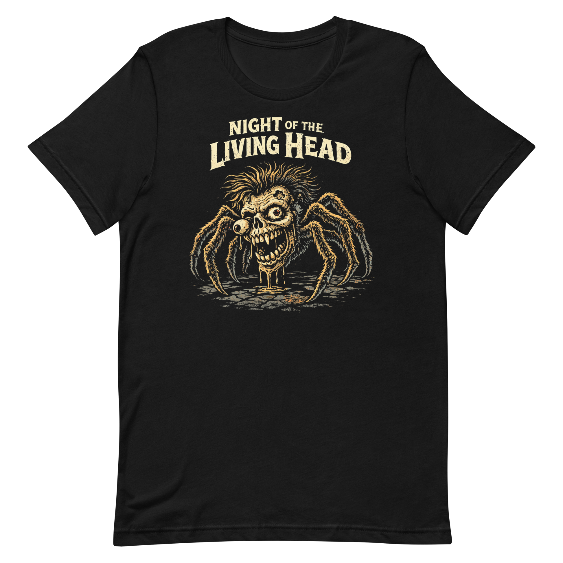 Top-down flat lay of a black Bella Canvas 3001 t-shirt with 'Night of the Living Head' spider zombie design.