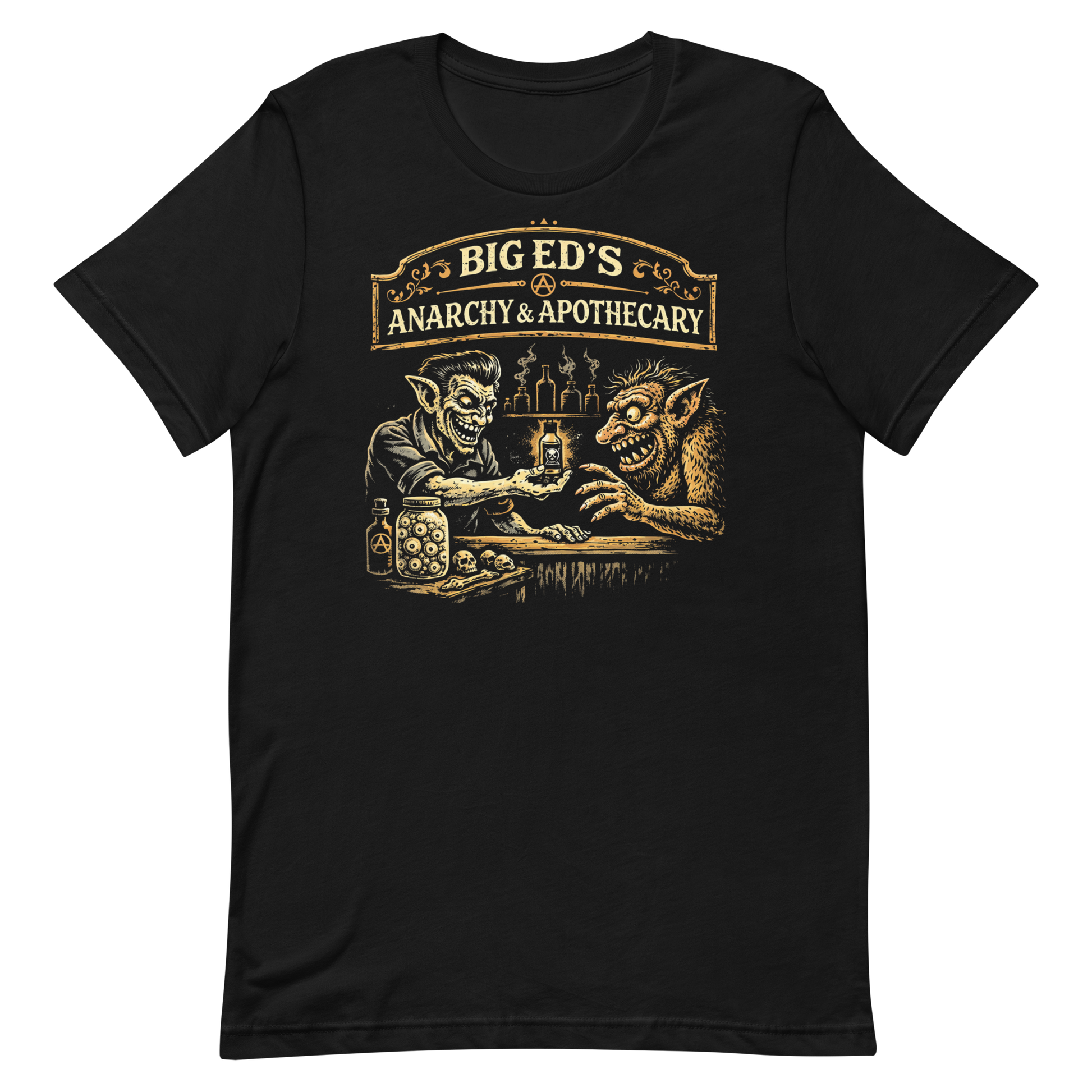 Top-down flat lay of a black Bella Canvas 3001 t-shirt with 'Big Ed's Anarchy & Apothecary' design 