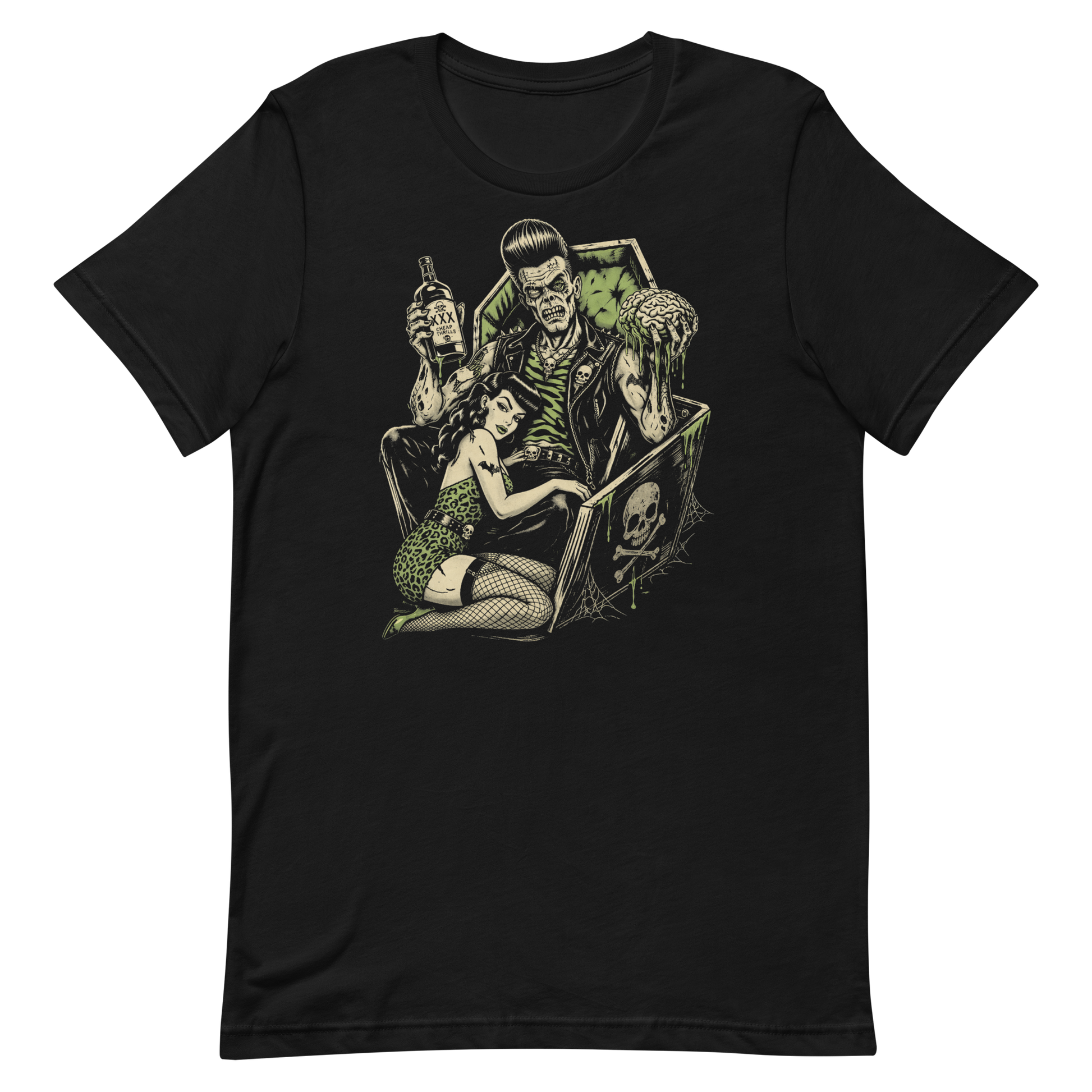 Flat lay of a black Bella Canvas 3001 t-shirt featuring the 'Cheap Thrills' lowbrow art design. High-contrast green and bone-cream graphic of a greaser and pin-up girl in a coffin with radioactive slime and 'XXX' bottle details. Isolated on a crisp white background for a professional retail look.