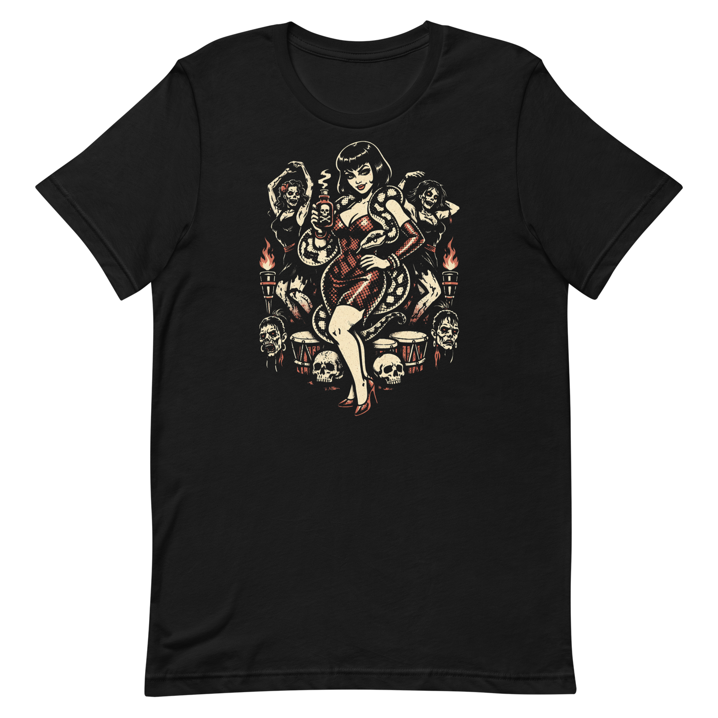 Voodoo Vixen pinup girl and zombie tee by cinderpoint studios.