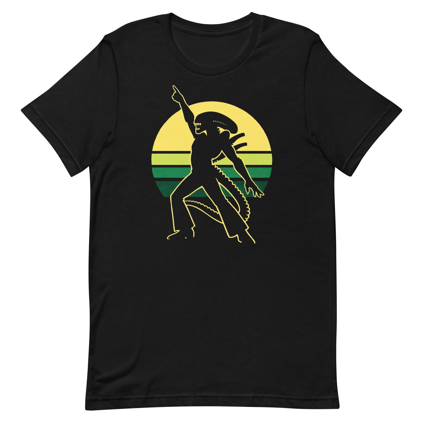 A retro-style graphic t-shirt featuring a Xenomorph alien in the iconic Saturday Night Fever disco pose against a vibrant 1970s sunburst background.