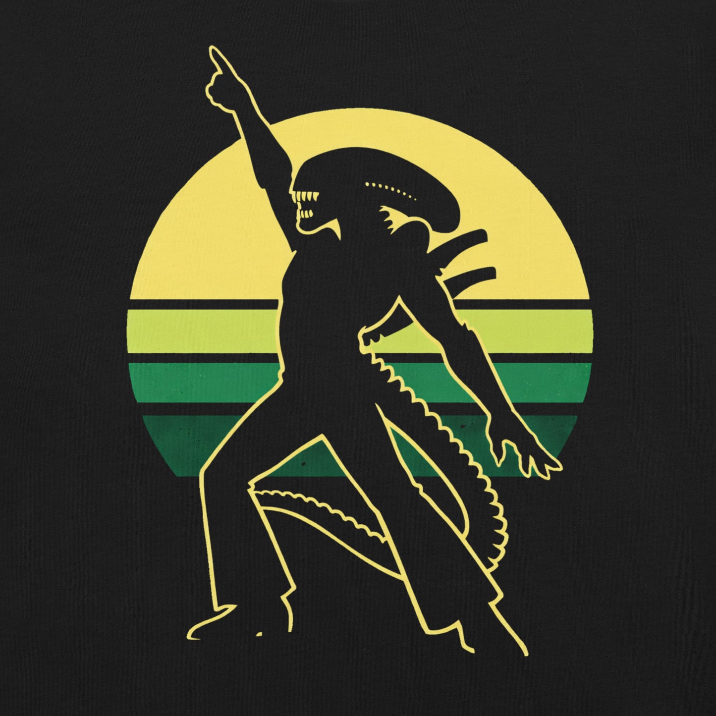 A retro-style graphic t-shirt featuring a Xenomorph alien in the iconic Saturday Night Fever disco pose against a vibrant 1970s sunburst background.