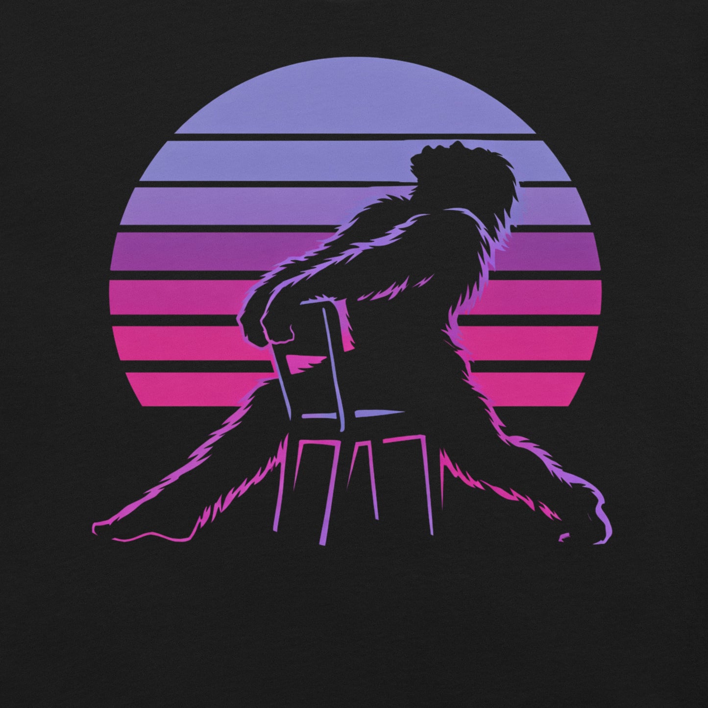 A retro graphic t-shirt featuring the cryptid Bigfoot in the iconic Flashdance chair-pose silhouette against a vibrant 1980s-style sunset.