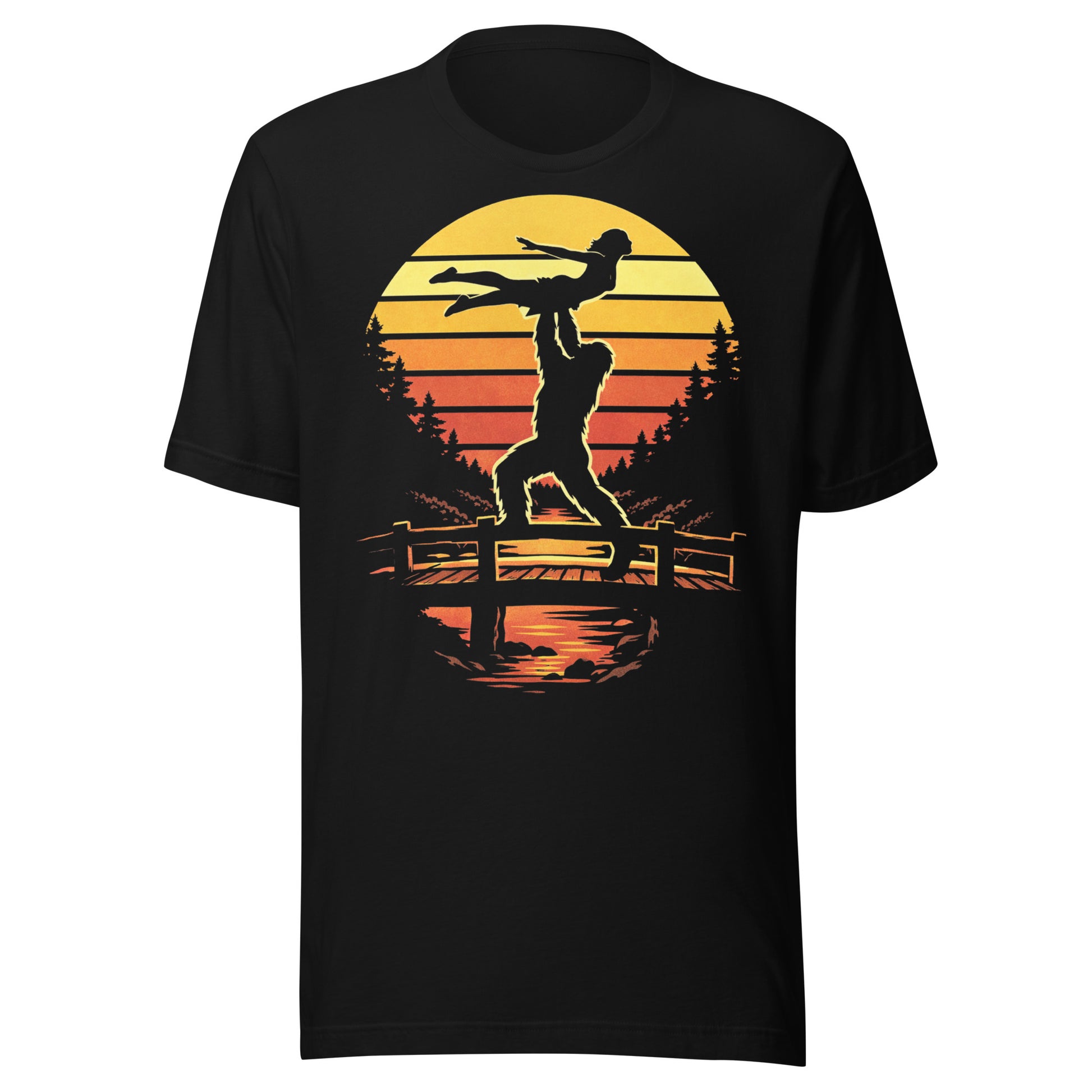 A retro-style graphic t-shirt featuring the cryptid Bigfoot performing the iconic Dirty Dancing lift pose against a vibrant, multi-colored 80s sunburst background.