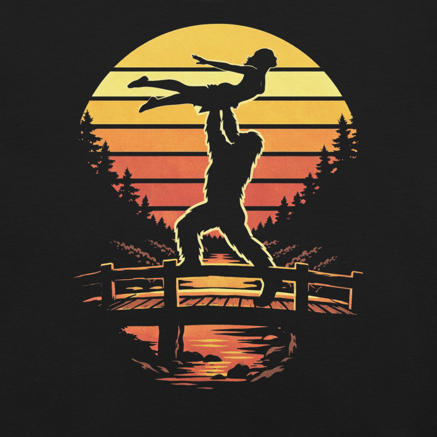 A retro-style graphic t-shirt featuring the cryptid Bigfoot performing the iconic Dirty Dancing lift pose against a vibrant, multi-colored 80s sunburst background.