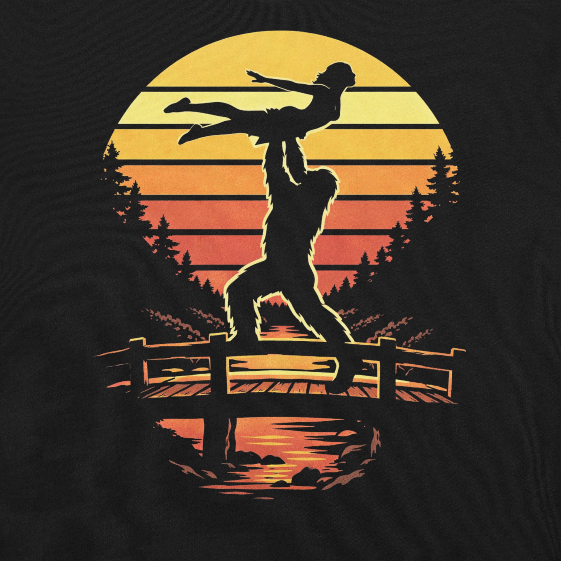 A retro-style graphic t-shirt featuring the cryptid Bigfoot performing the iconic Dirty Dancing lift pose against a vibrant, multi-colored 80s sunburst background.
