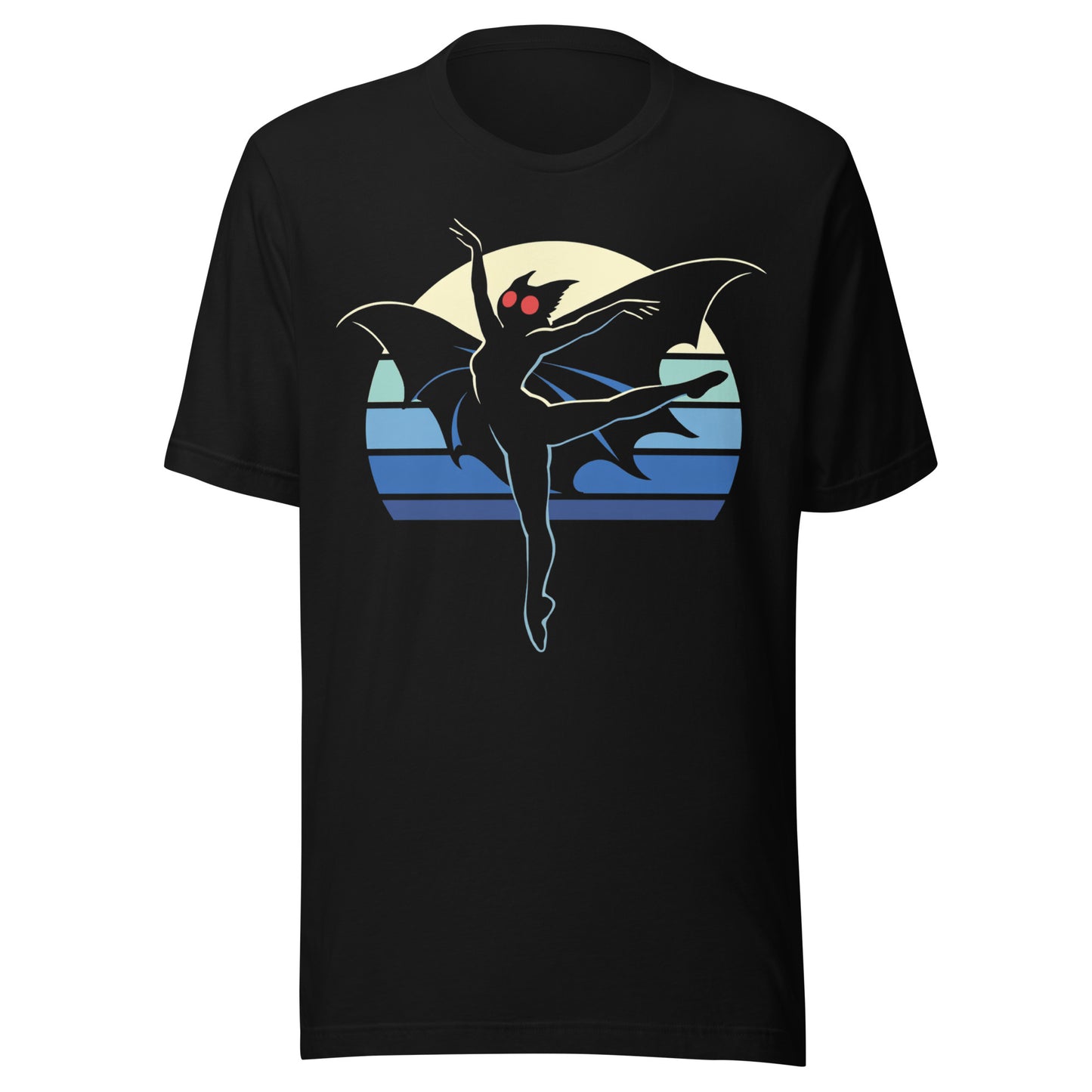 A retro-style graphic t-shirt featuring the winged cryptid Mothman in a ballet dance pose wearing a tutu, set against a vibrant neon 80s sunburst background.