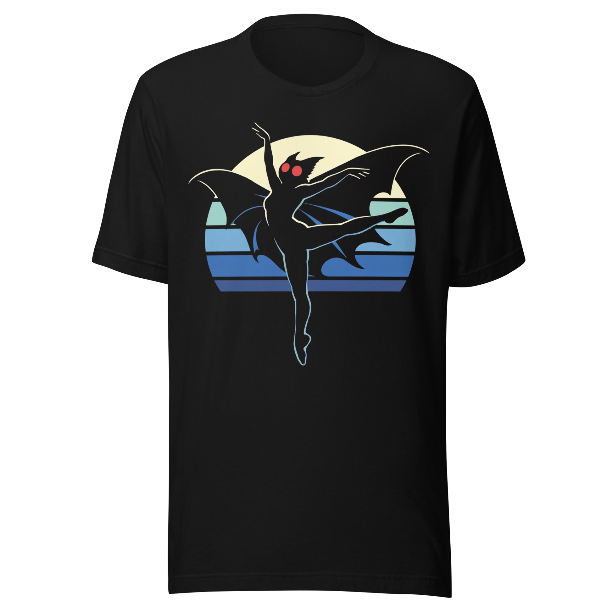 A retro-style graphic t-shirt featuring the winged cryptid Mothman in a ballet dance pose wearing a tutu, set against a vibrant neon 80s sunburst background.