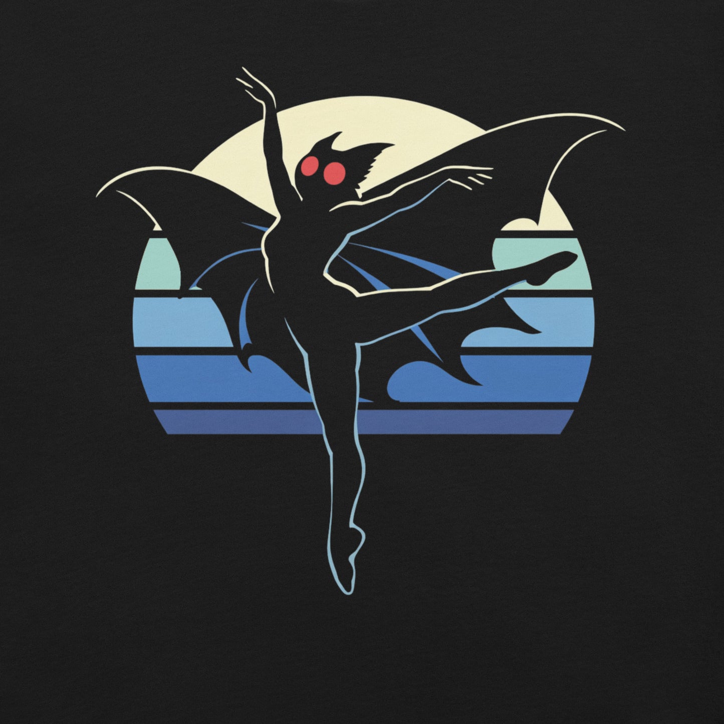 A retro-style graphic t-shirt featuring the winged cryptid Mothman in a ballet dance pose wearing a tutu, set against a vibrant neon 80s sunburst background.