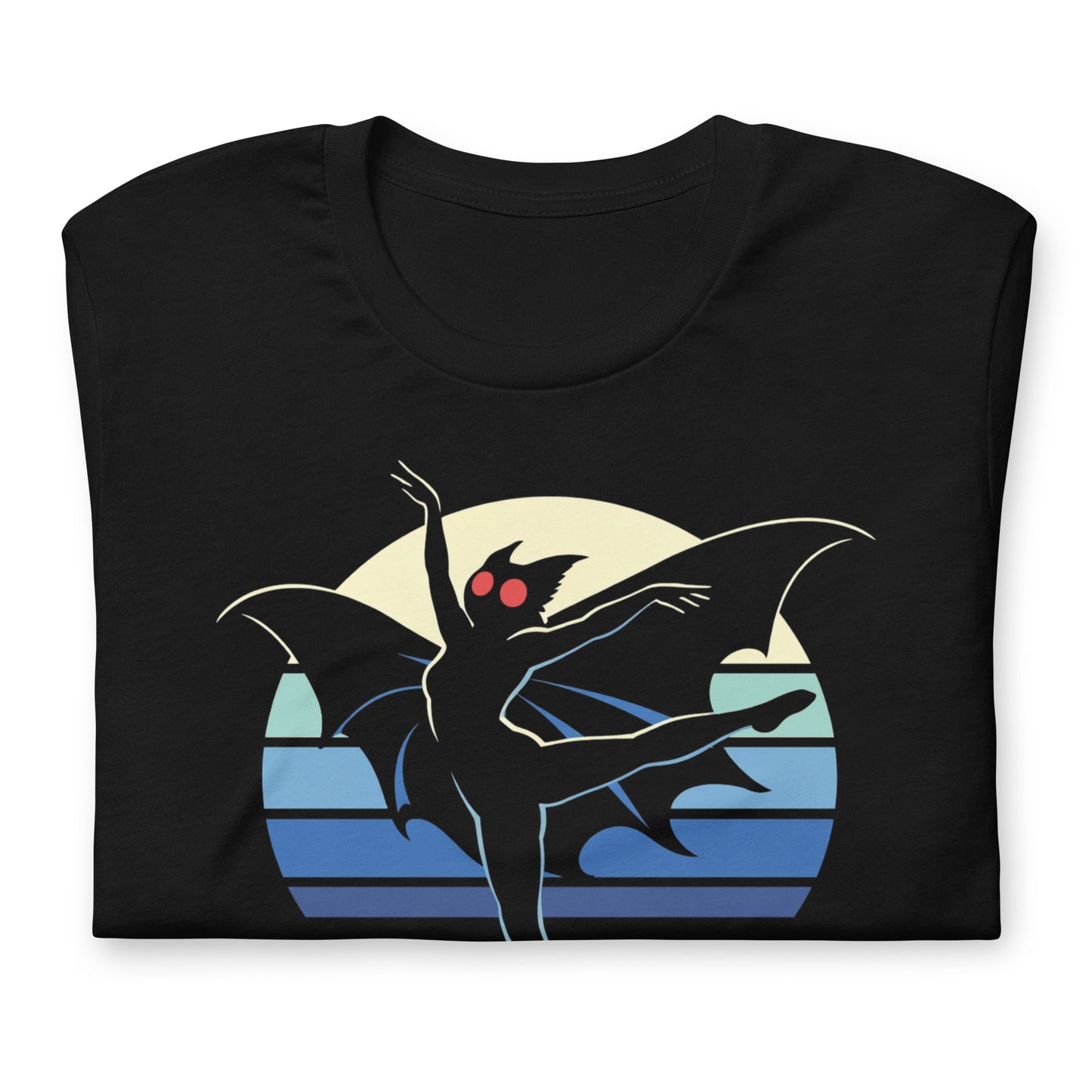 A retro-style graphic t-shirt featuring the winged cryptid Mothman in a ballet dance pose wearing a tutu, set against a vibrant neon 80s sunburst background.