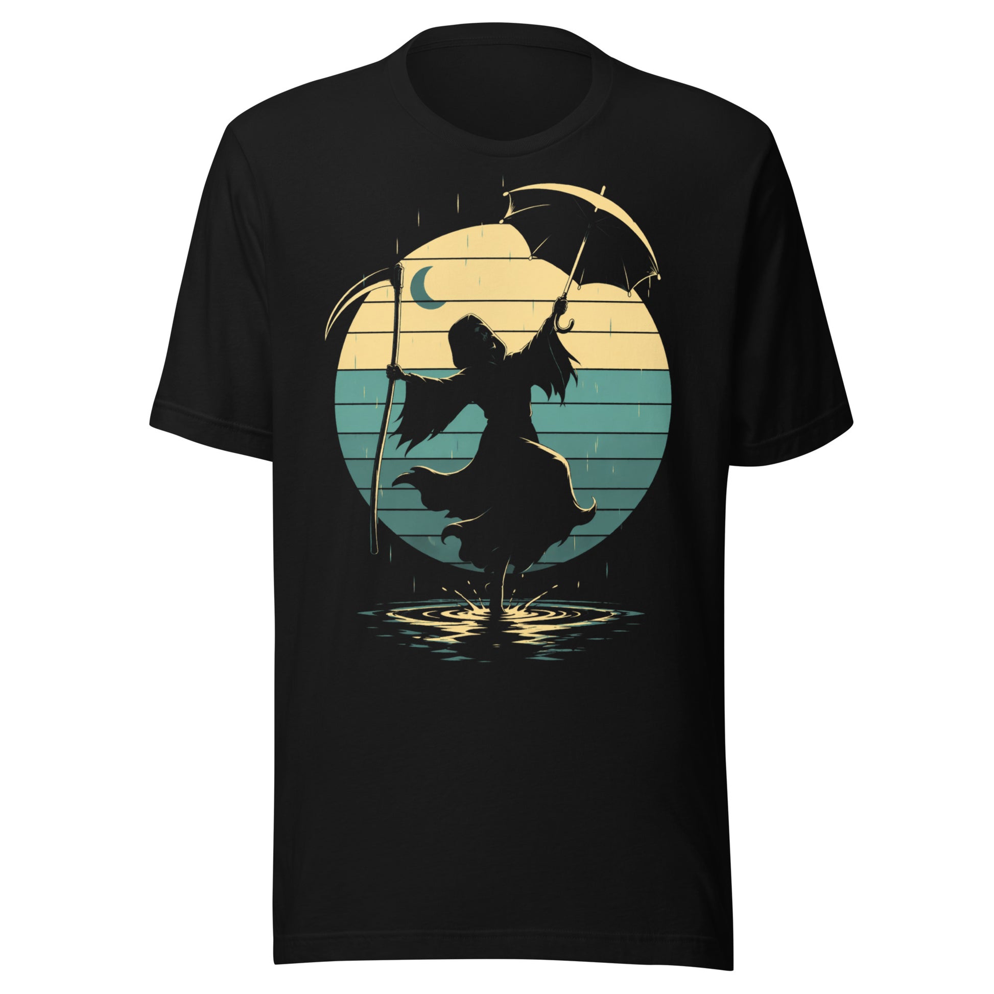 A retro-style graphic t-shirt featuring the Grim Reaper in a tuxedo and top hat, holding an umbrella and dancing in the rain against a vibrant 1980s sunburst backdrop.