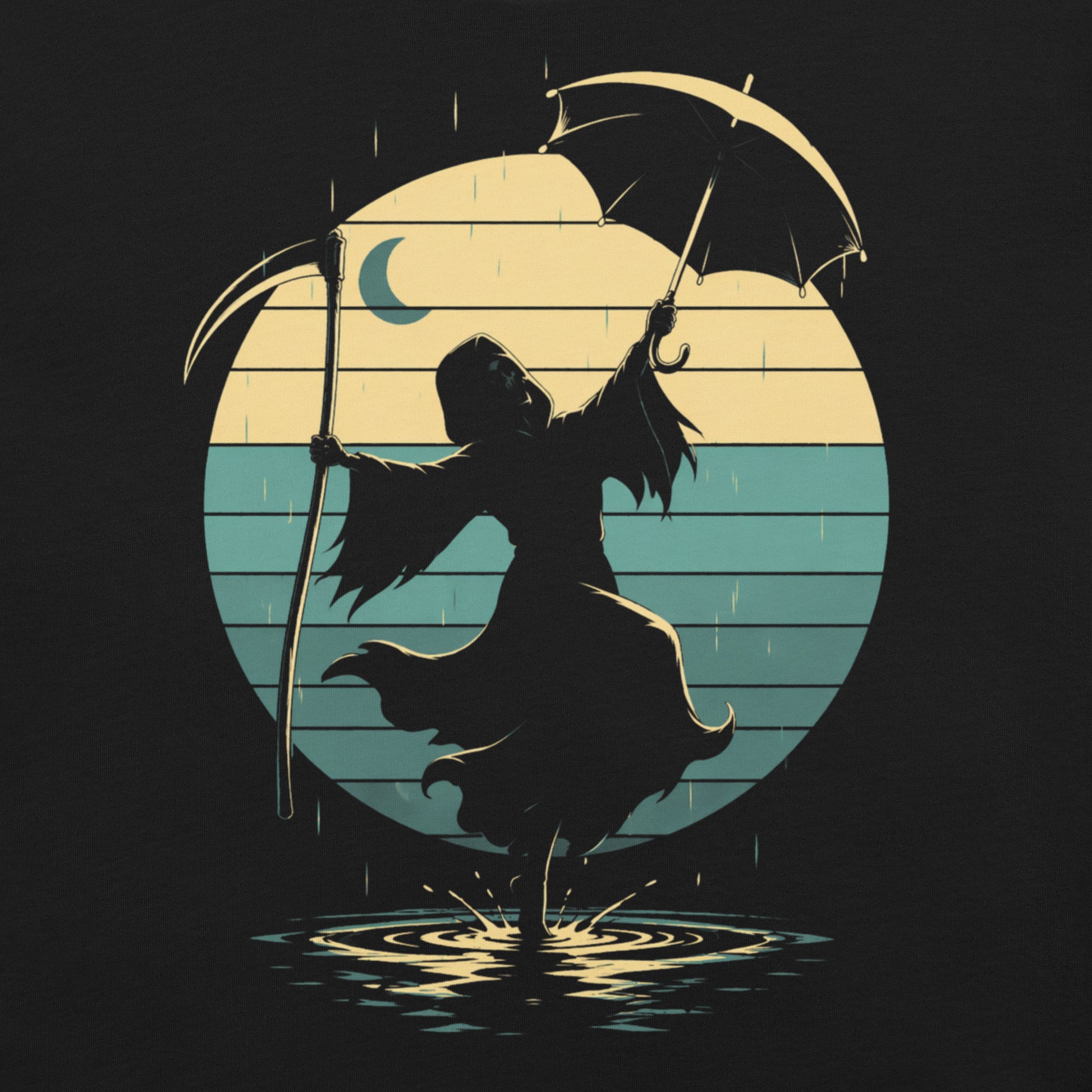 A retro-style graphic t-shirt featuring the Grim Reaper in a tuxedo and top hat, holding an umbrella and dancing in the rain against a vibrant 1980s sunburst backdrop.