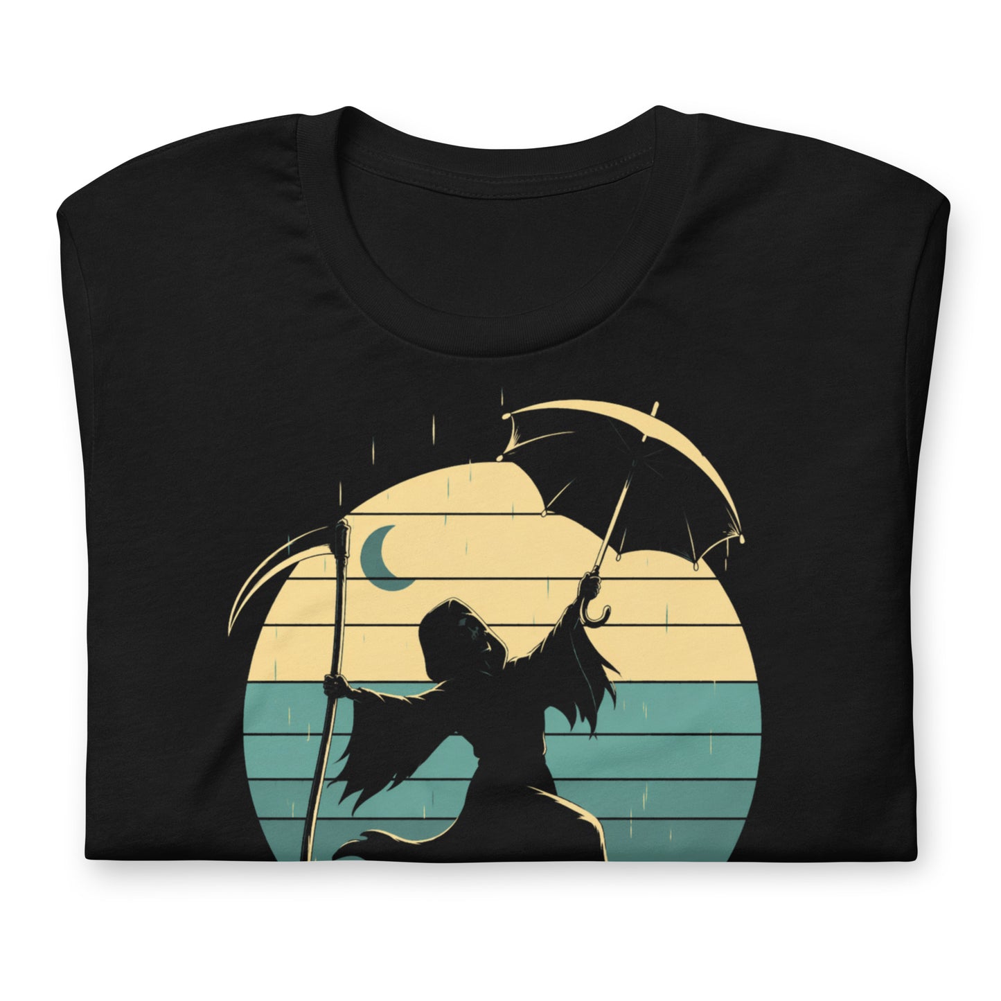 A retro-style graphic t-shirt featuring the Grim Reaper in a tuxedo and top hat, holding an umbrella and dancing in the rain against a vibrant 1980s sunburst backdrop.