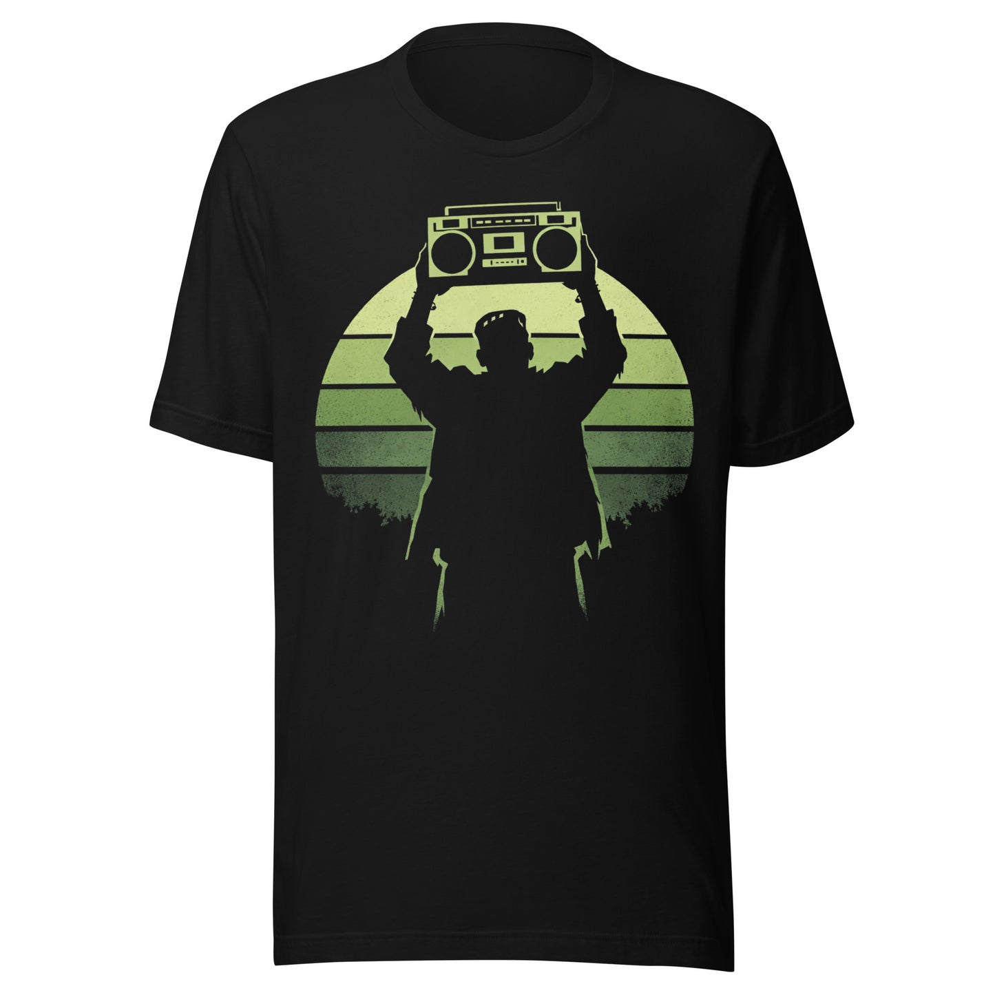 A retro-style graphic t-shirt featuring Frankenstein’s monster holding a 1980s boombox over his head in the iconic Say Anything movie pose, set against a vibrant neon sunburst.