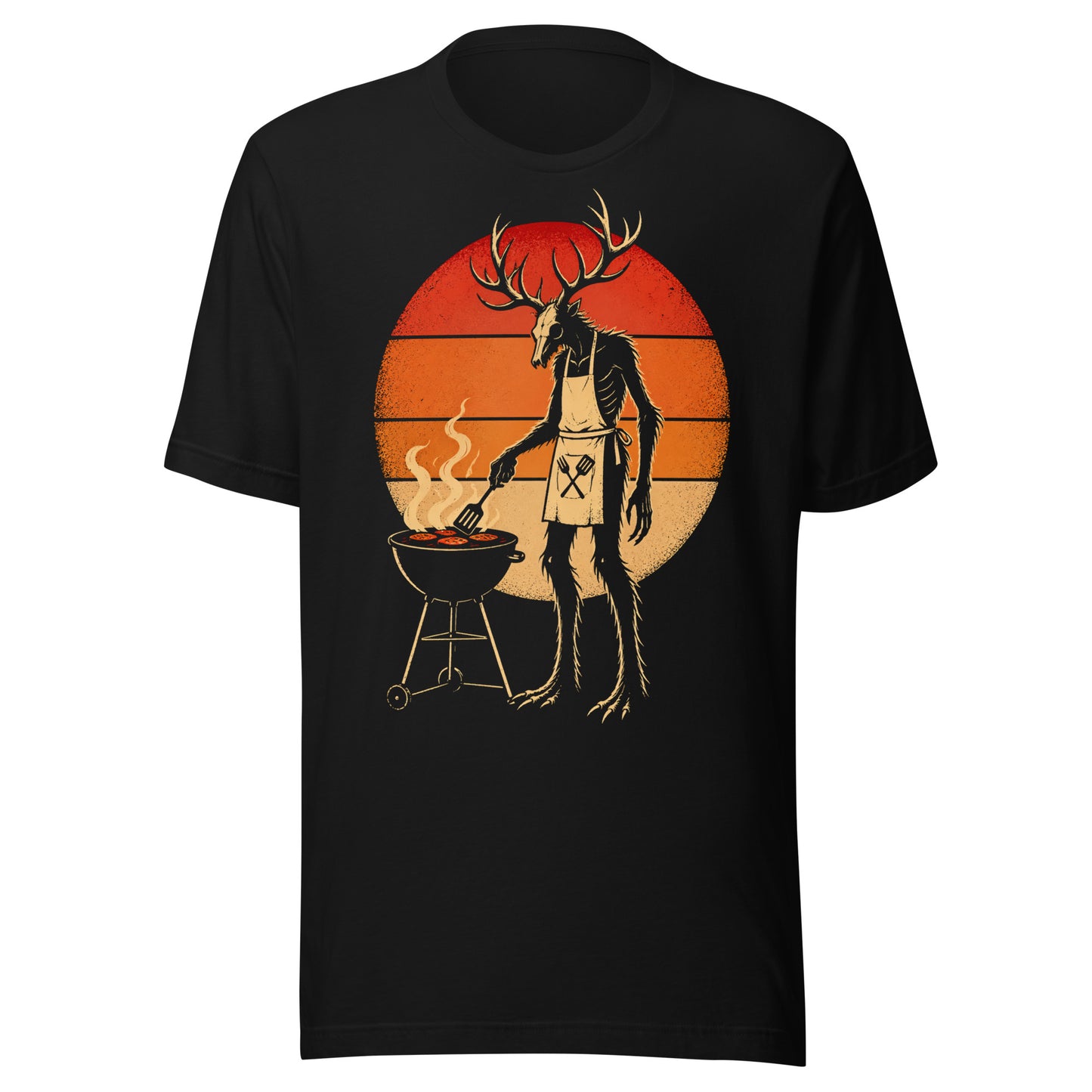A retro-style graphic t-shirt featuring a Wendigo cryptid with antlers wearing a BBQ apron and grilling at a spatula, set against a vibrant 1980s neon sunset background.