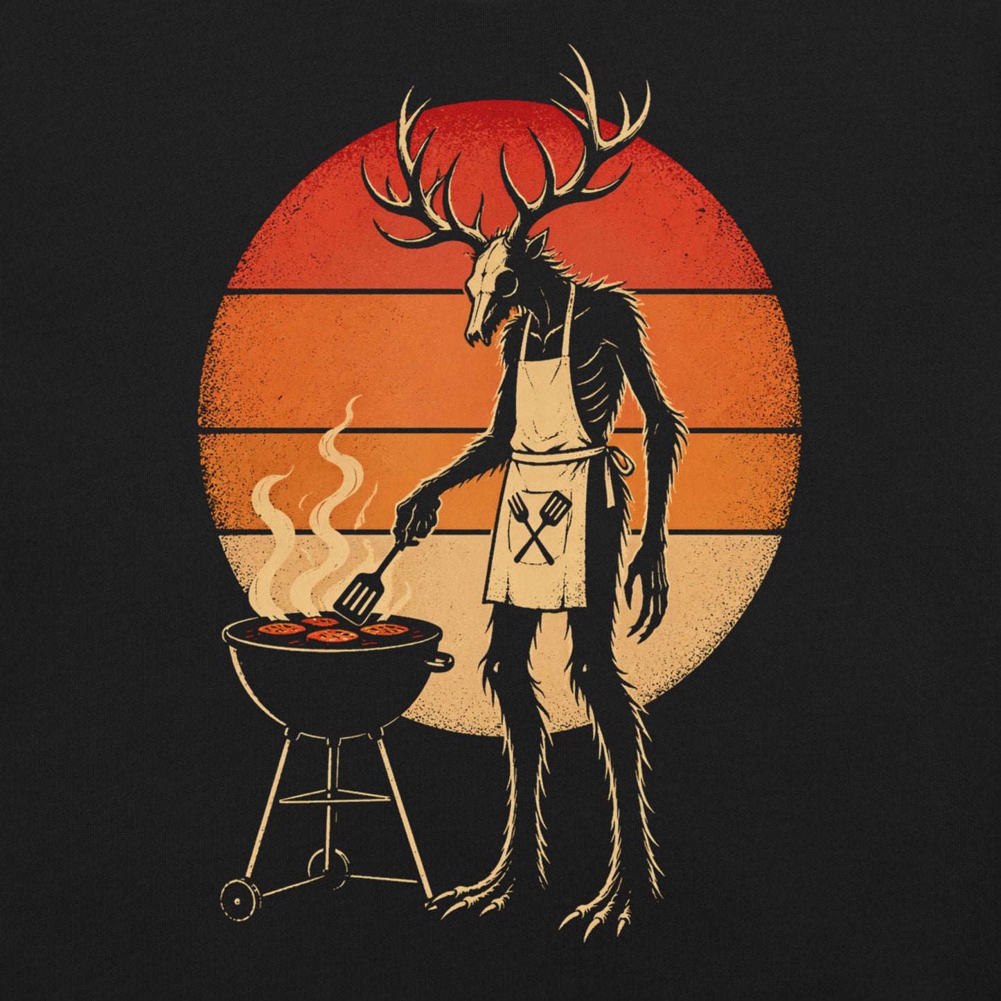A retro-style graphic t-shirt featuring a Wendigo cryptid with antlers wearing a BBQ apron and grilling at a spatula, set against a vibrant 1980s neon sunset background.