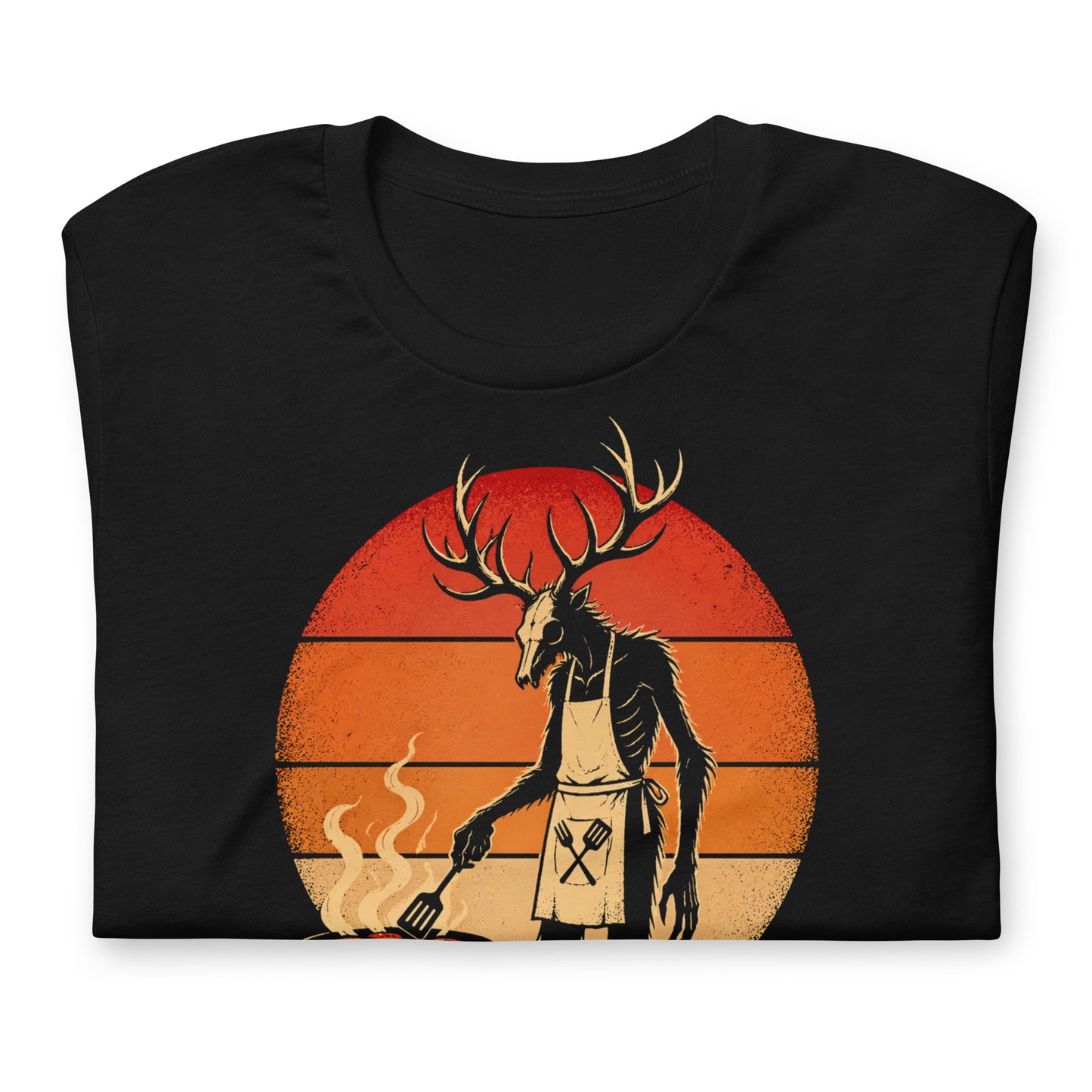A retro-style graphic t-shirt featuring a Wendigo cryptid with antlers wearing a BBQ apron and grilling at a spatula, set against a vibrant 1980s neon sunset background.