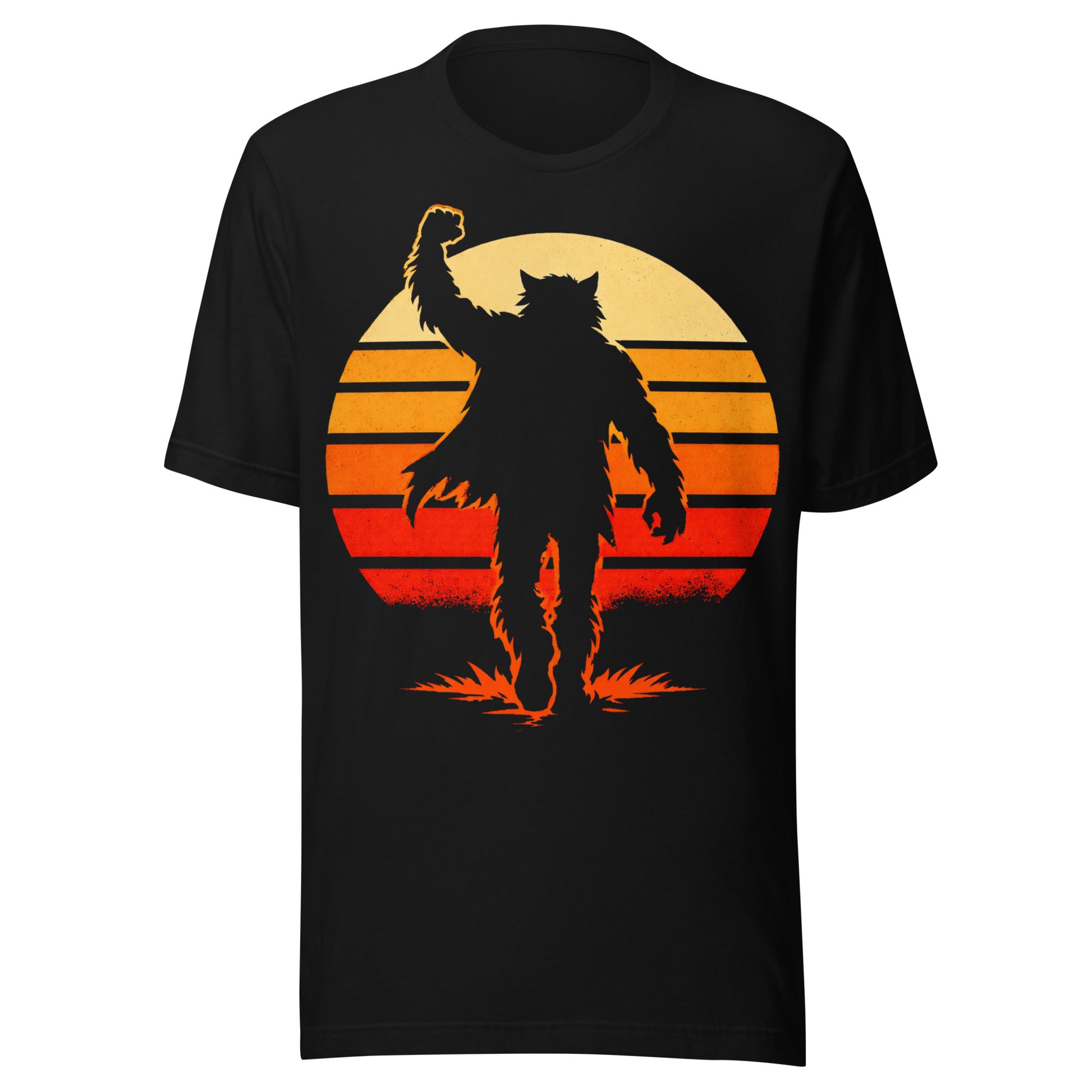 A retro-style graphic t-shirt featuring a werewolf version of Judd Nelson’s character from The Breakfast Club, raising a hairy fist in the air against a vibrant 80s sunburst.